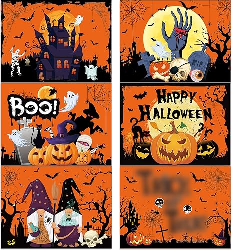 Halloween Plastic Placemats Set of 6 Table Mats Kitchen Decor Wipe Clean Washable Orange Halloween Place Mats for Indoor Outdoor Heat Resistant