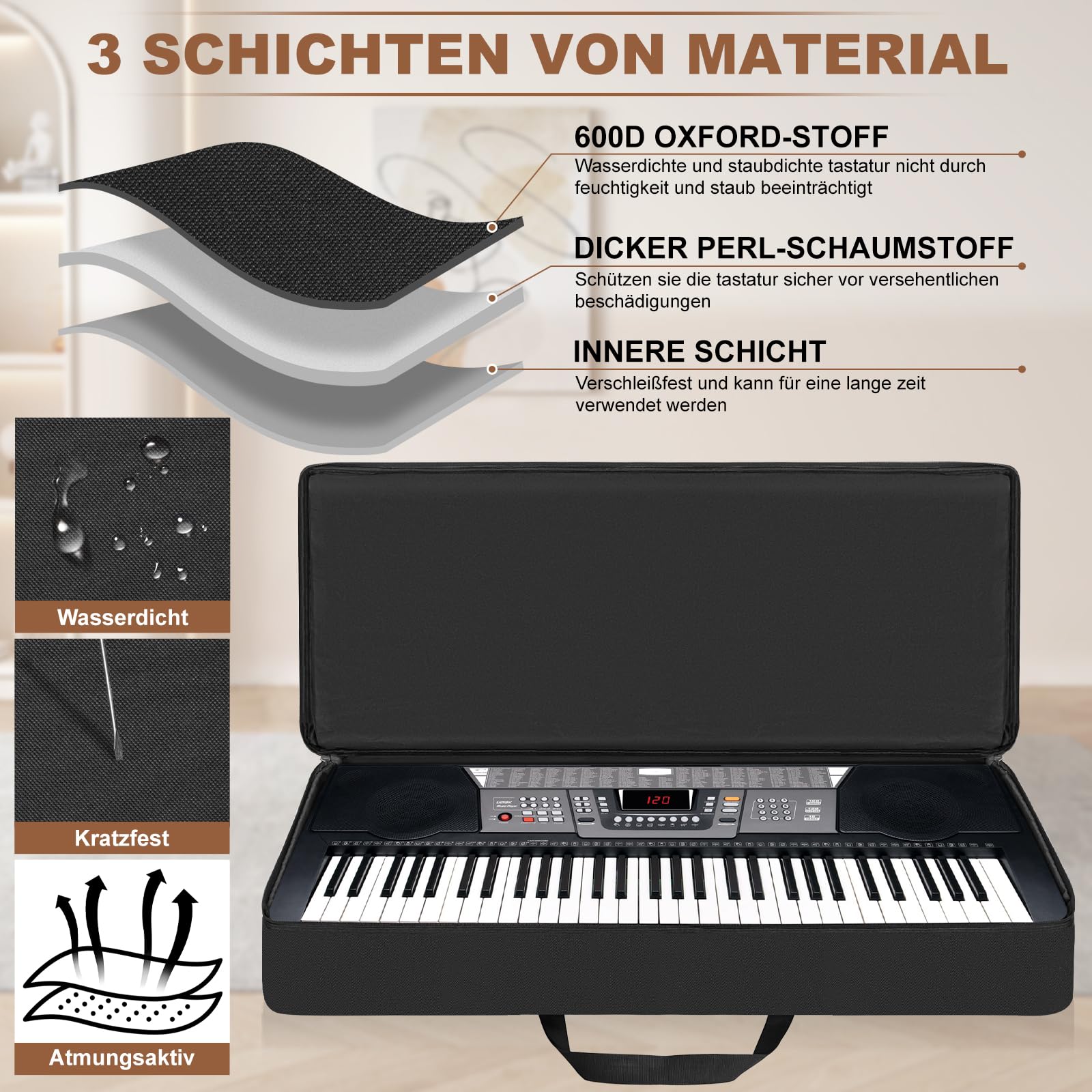 61 Key Keyboard Tasche, Robuste 600D Oxford Keyboardtasche 61 Tasten mit 10 mm Polsterung, Keyboard-Gigbag mit Griffen und Schultergurten für Digitales E-Piano (Schwarz)