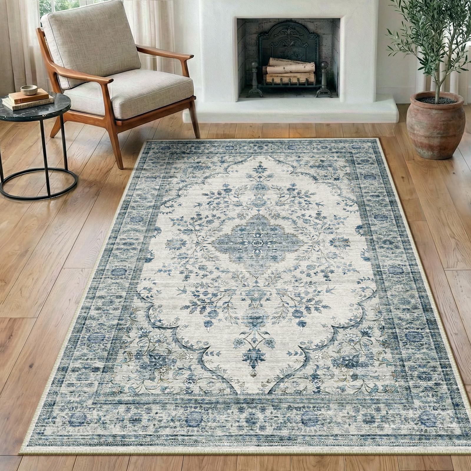 DEFYNEE Machine Washable Rug 90x150 cm, Short Pile & Anti-Slip, Retro Boho Area Rugs Living Room, Bedroom, Dining Room, Hallway, Beige-Blue โ image 1