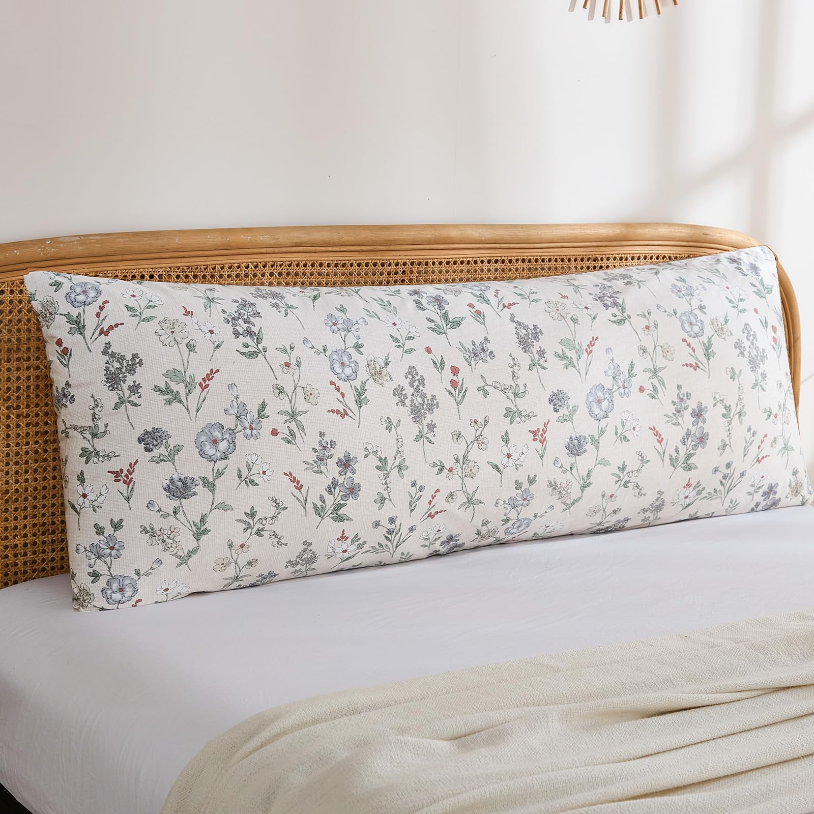 Herside Body Size Pillowcase 100% Cotton Pillow Case, 1-Pieces Beige Botanical Floral Vintage Pillow Cover, Soft Breathable Envelope Closure Pillow Case Set (Body, 50x137cm)