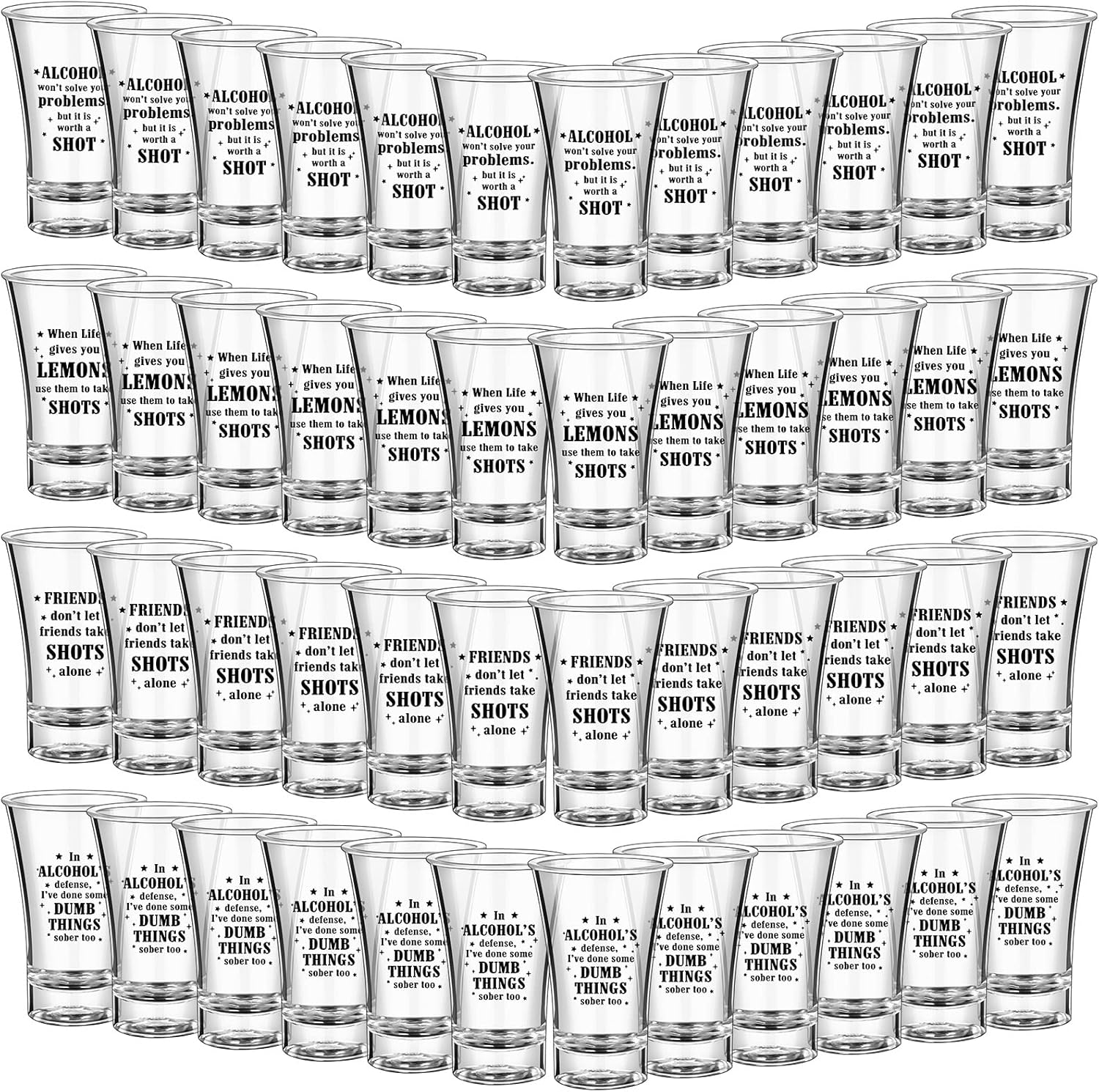 Tessco Set of 48 Acrylic Clear Party Shot Glasses 1.2 oz Heavy Bottom Shot Glasses Funny for Wedding Gender Reveal Birthday Party Favor Adults Gifts, 4 Styles