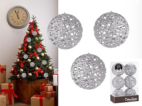 Miniatura 3 de Christmas Traditions Adornos de bola de ratán con purpurina plateada de 4 pulgadas para colgar en el árbol (juego de 6)