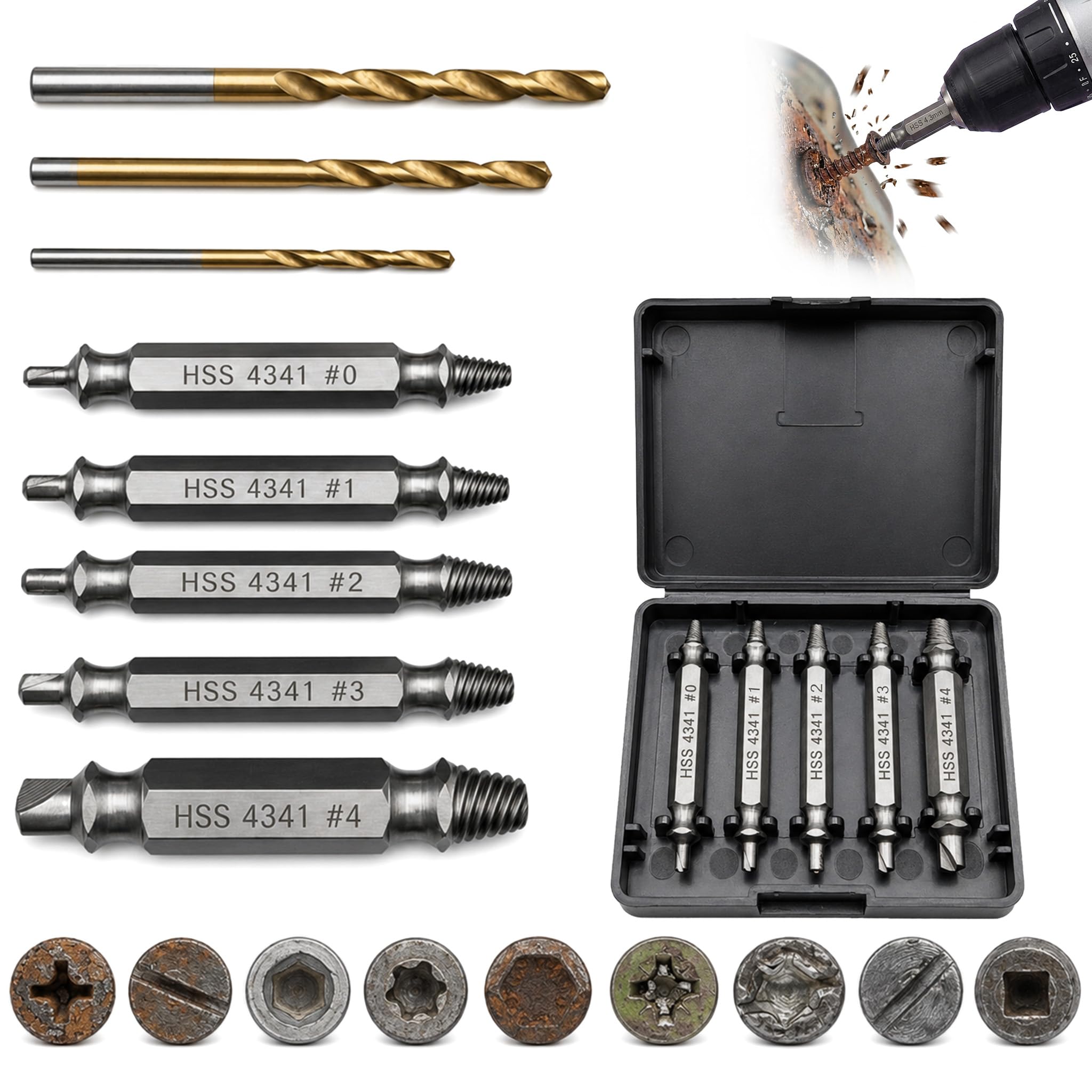 8Pcs Screw Extractor Set, Hss Screw Extractor Kit with 3 Twist Drill Bits