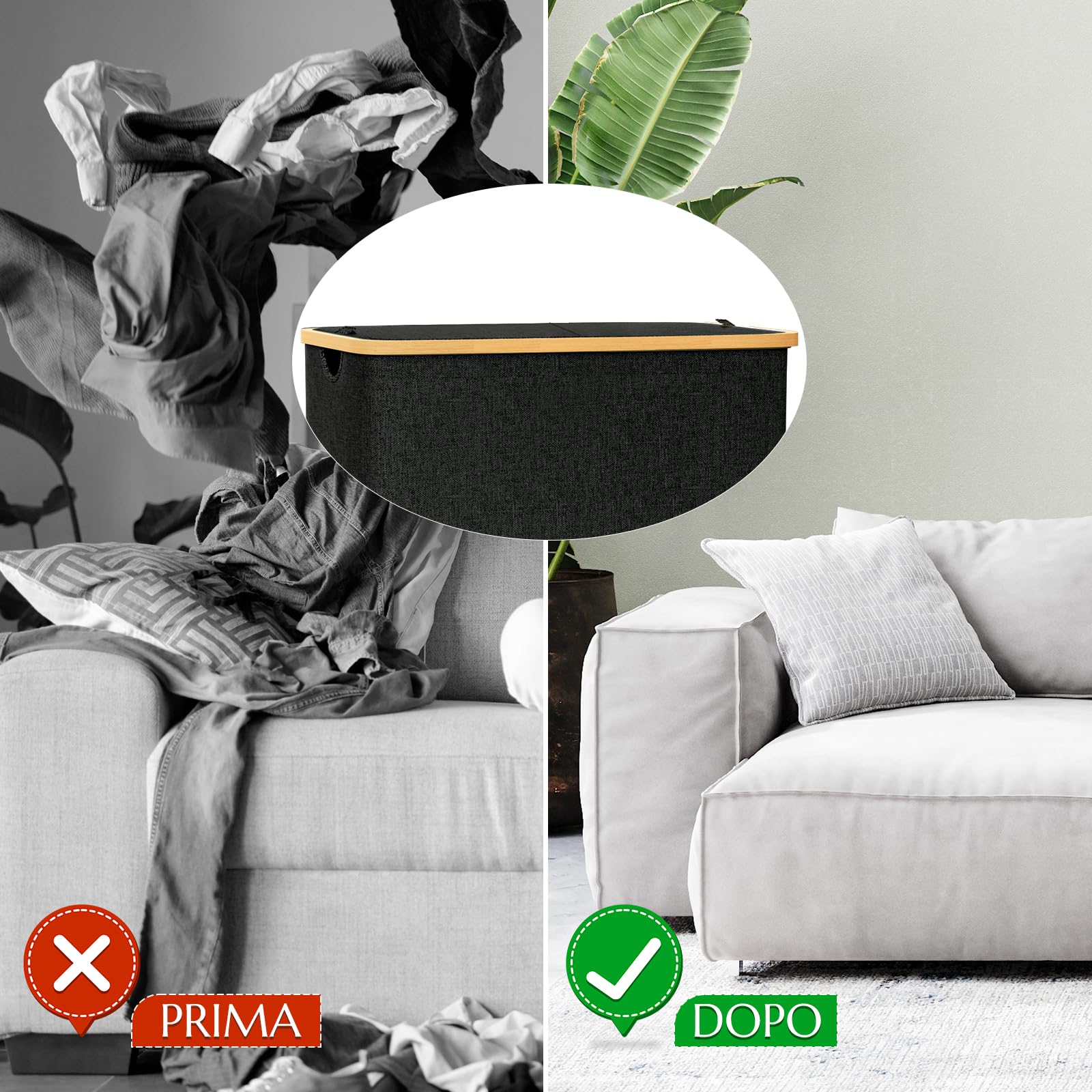 Cesto Portabiancheria con Coperchio, 140L Portabiancheria Sporca con 2 Sacco per la Biancheria Rimovibile, Cesto Biancheria Sporca, cesta portabiancheria &Pieghevole con Manici in Bambù-Nero