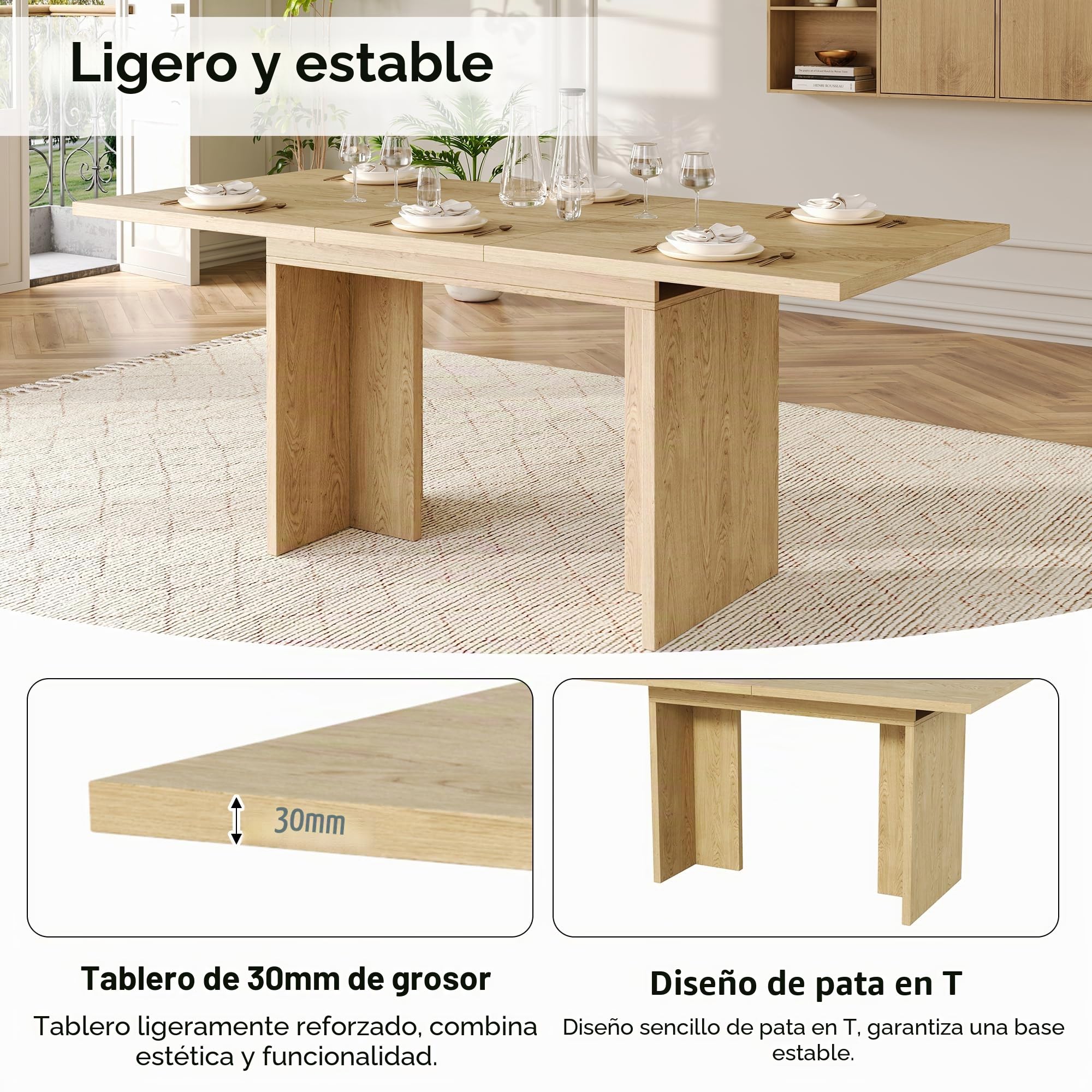 VIVCA Tavolo da pranzo allungabile 140/180 cm per 6-8 persone rettangolare piano in rovere spesso, stile moderno, perfetto per sala da pranzo, cucina, soggiorno, design salvaspazio