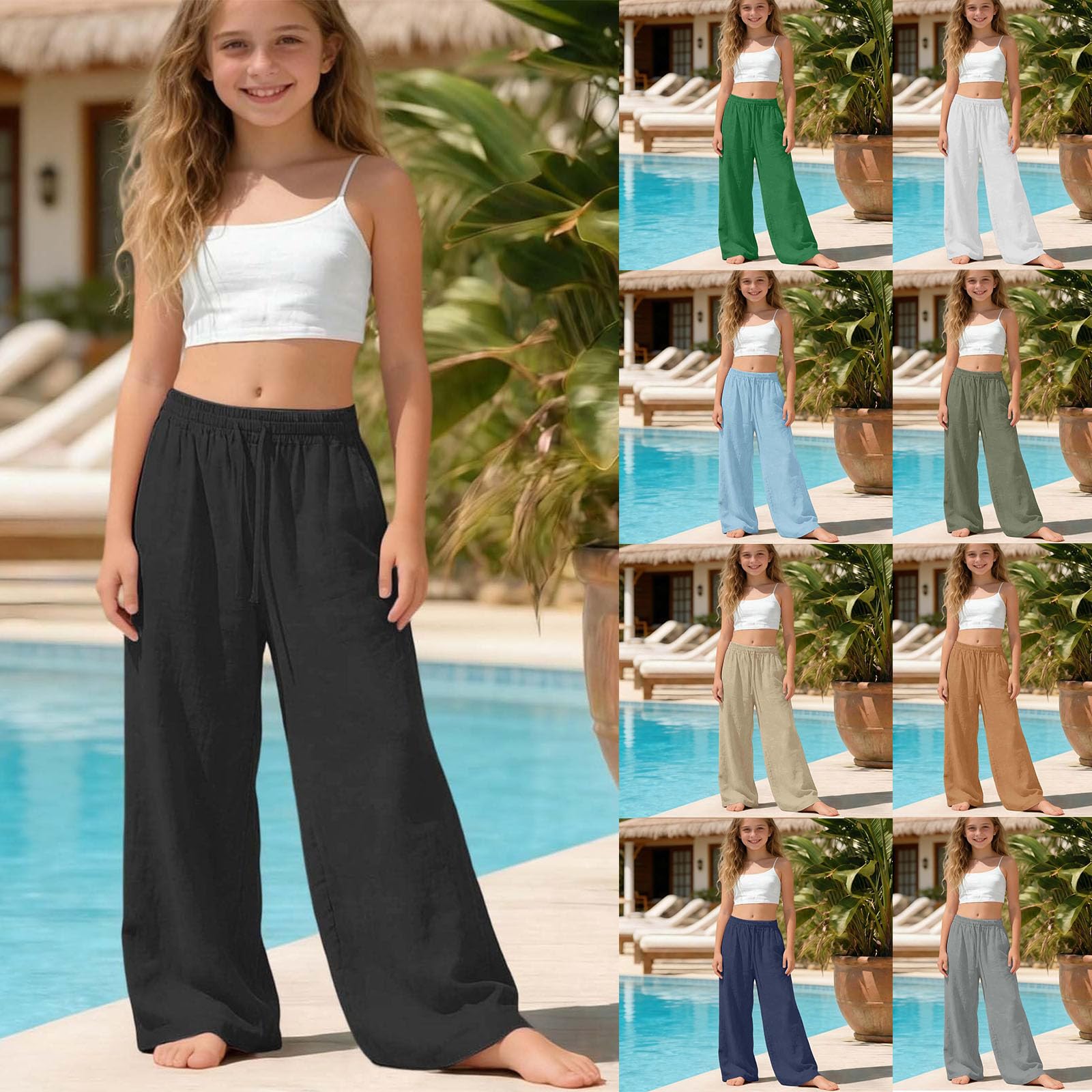 Pantaloni Lino Ragazze Lunghi Larghi Pantaloni Sportivi per Ragazzi Lino Cotone Leggero Pantalone con Fiocco Vita Alta Gamba Dritta Eleganti Pantalone Bambini Ragazzo Y2K Streetwear per Spiaggia