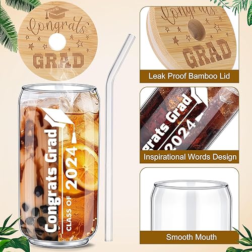 Miniatura 5 de 12 vasos de vidrio con tapas de bambú y popote de vidrio para ella y él, regalos de graduación de graduación de maestría universitaria, 16 onzas,