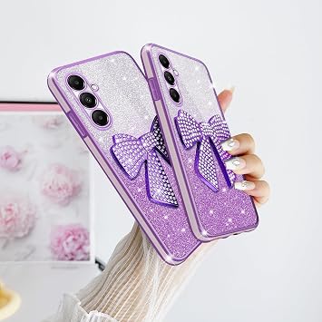 Galaxy A05S対応 ガールズ レディース ソフト TPU クリスタル キラキラ キュート キラキラ キラキラ 3D リボン ストラップ付き 耐衝撃 保護 コーブ ケース Samsung A05s用 バイオレット