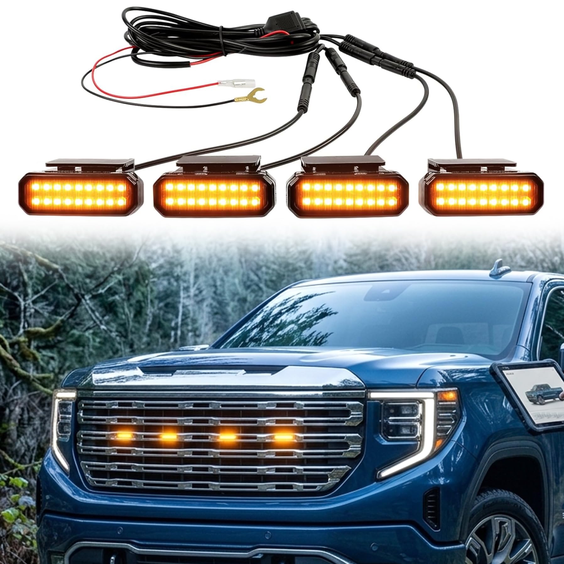 4 luces de parrilla, luz LED con clip, luces de parrilla ámbar negro con IP68 impermeable para camiones, coches, fácil instalación sin taladro