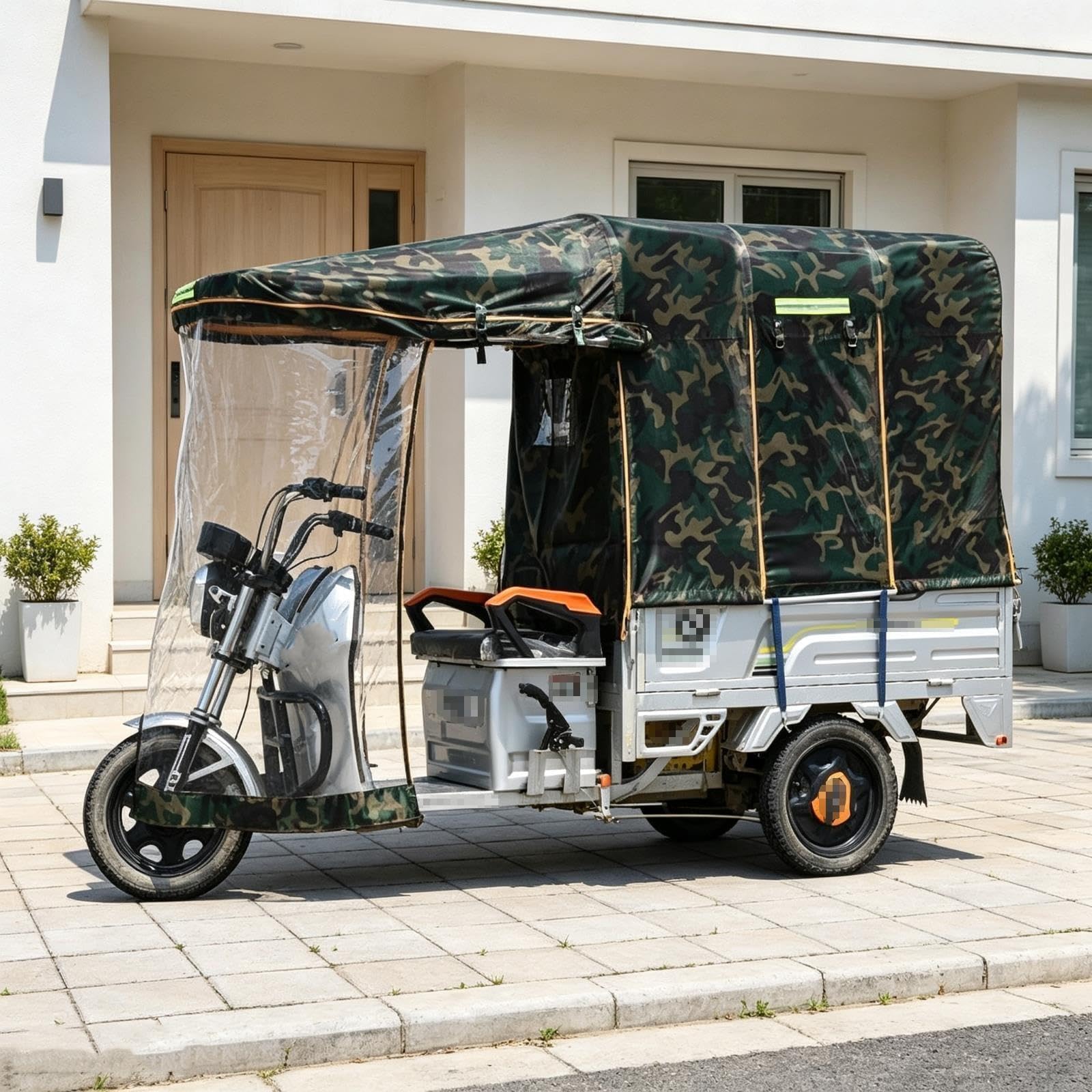 Funda Para Bicicleta Protector Contra La Lluvia Para Triciclo De Carga De 3 Ruedas, Genérico Toldo Totalmente Cerrado Para Triciclo Eléctrico Con Marco De Acero Metálico(Army green,120*85cm/47*33.5")