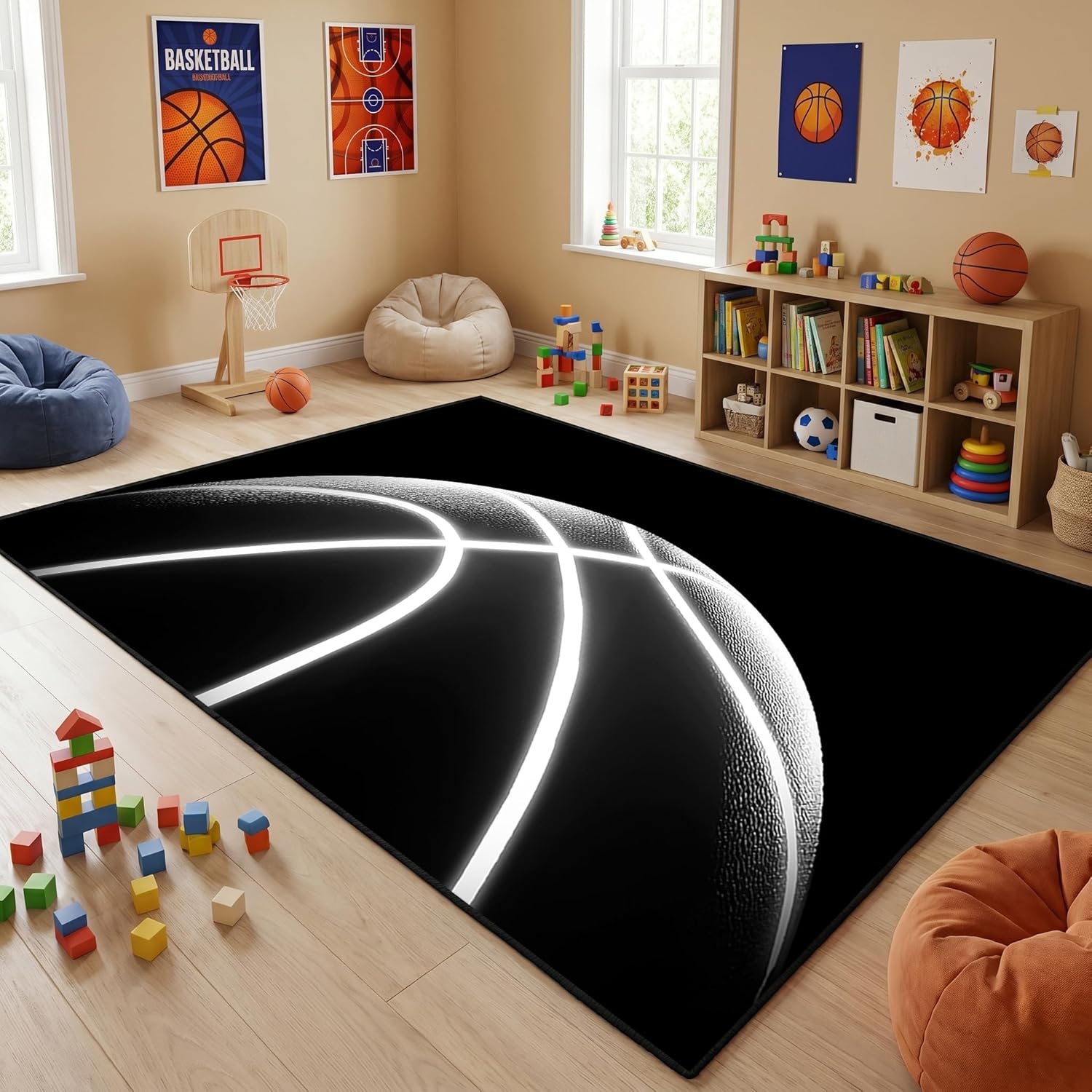 Basketball Area Rug, Black, 5'7', Sports, Unisex, Flat Woven, Medium Pile, Machine Made, Indoor, Water Resistant, Rectangular, Basketball Print, Boys Bedroom, Living Room Floor Mat
