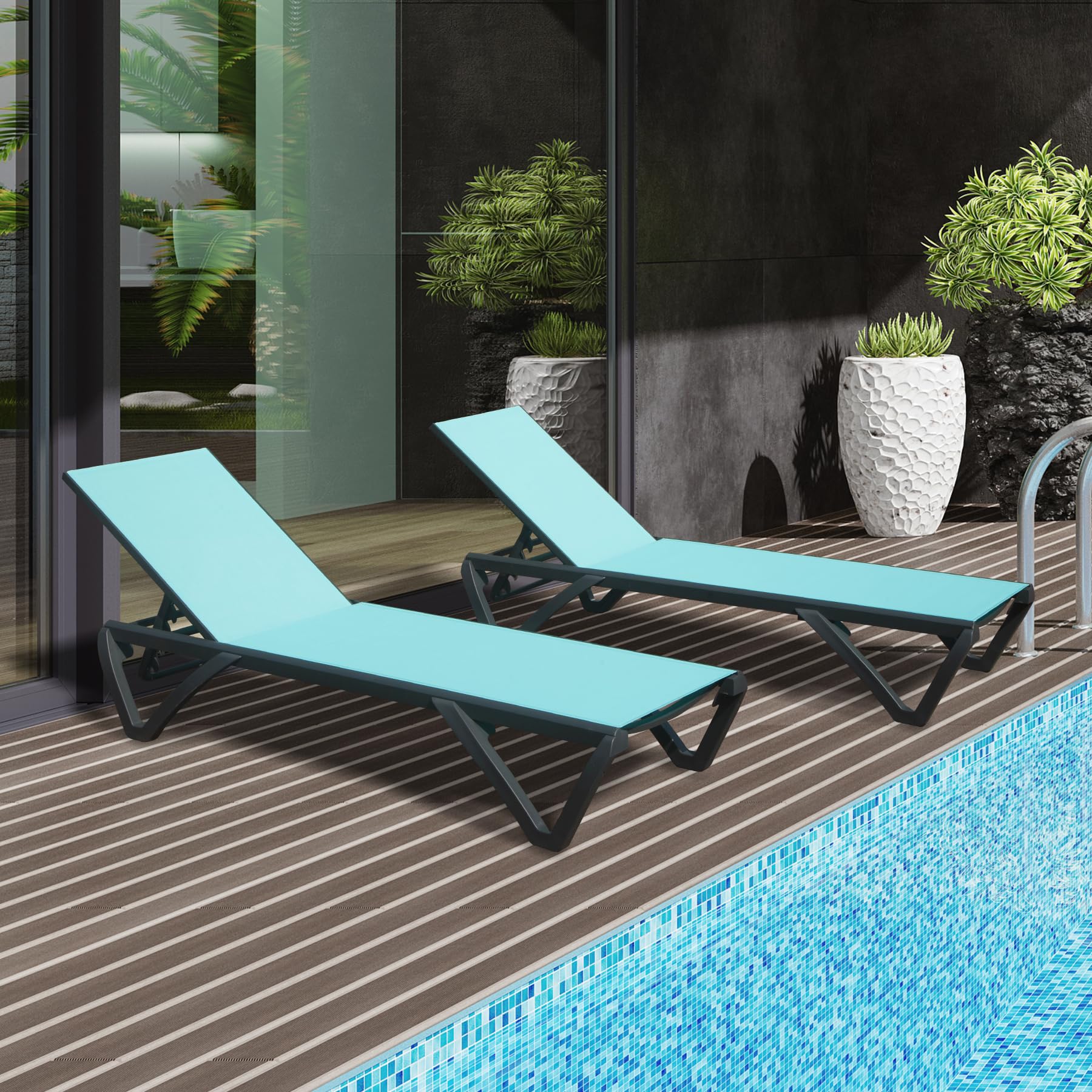 Domi Pool Lounge Chairs Set of 2, Aluminum Chaise Lounge Outdoor with Side Table, Patio Beach Lounge Chair for Outside 5 Position Adjustable & Wheels,