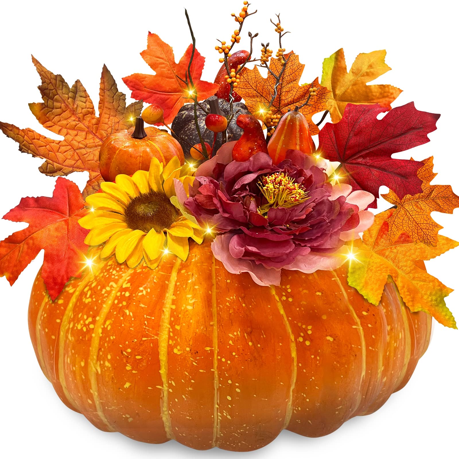 [Timer]11 Inch Large Prelit Fake Pumpkin Fall Decorations with 10 LED Sunflower Peony 5 Artificial Pumpkins 8 Maple Leaves 3 Berry Stems Battery Operated Fall Thanksgiving Halloween Decor Home Table