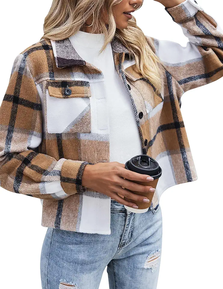 Zeagoo Flannels for Women Cropped Shacket Jacket Fashion Plaid Button Down Shirt 2025 Fall Coat Tops