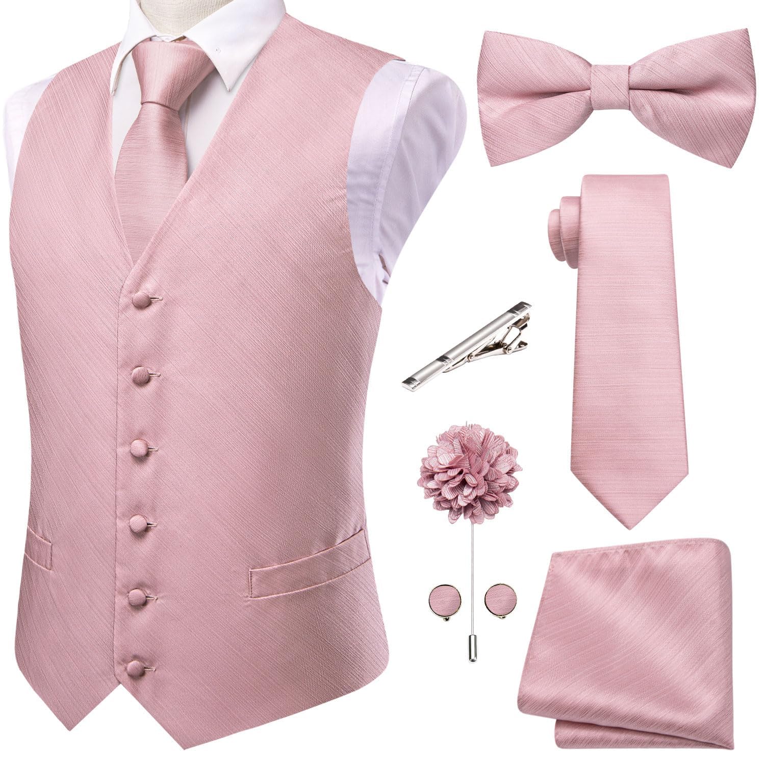 hi-tie Mens 5PCS Suit Vest Tie and Pre/Self Bowtie Set Silk Waistcoat Necktie Pocket Square Cufflinks Gifts Wedding Formal-picture-46