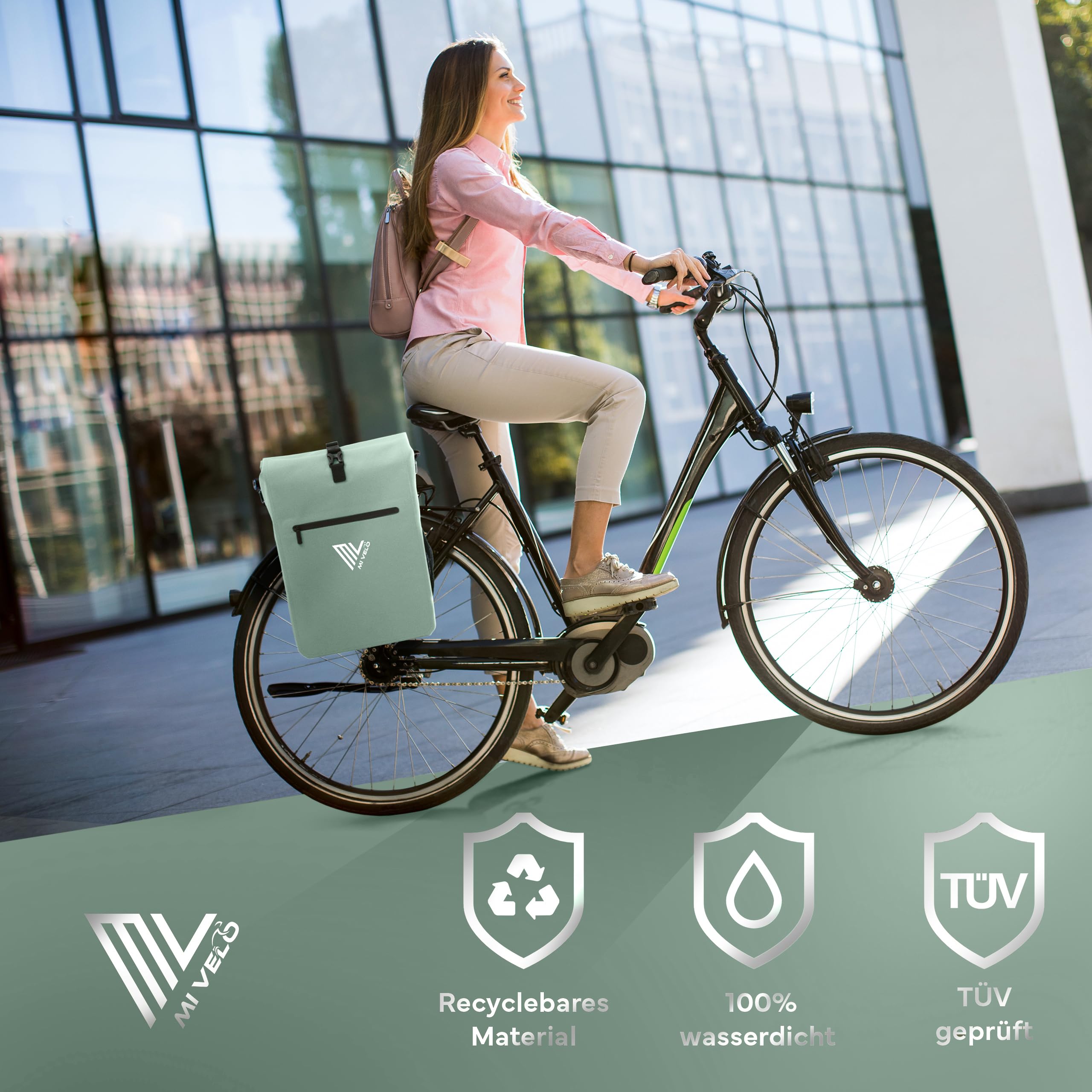 MIVELO Fahrradtasche für Gepäckträger - 3in1 Gepäckträgertasche Rucksack Umhängetasche - 100% wasserdicht und PVC-frei - mit herausnehmbarer Laptoptasche (Mint)