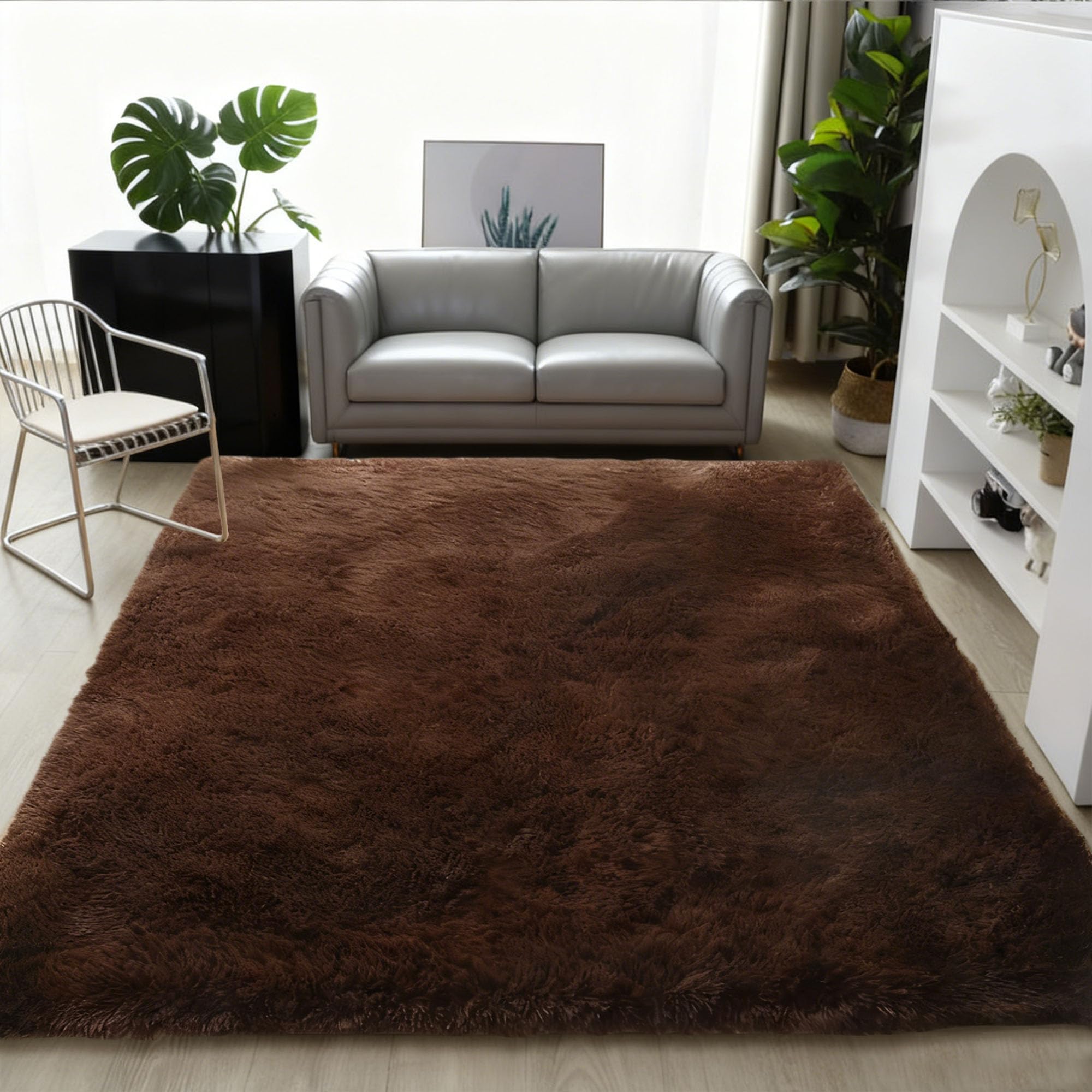 Tapis moderne 210 x 260 cm shaggy brun pour un salon confortable