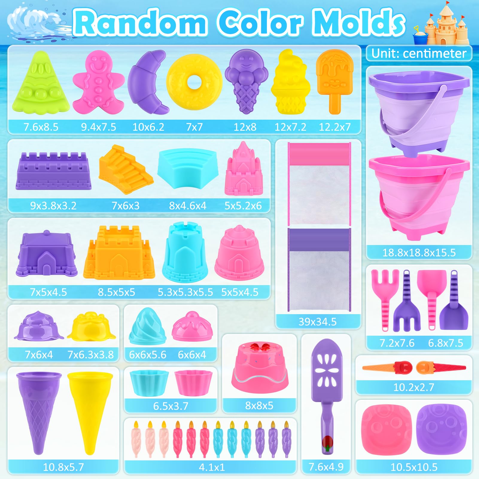 Joyreal 49 Pezzi Gelato Giochi Spiaggia Bambini - Secchiello Pieghevole, Paletta, Borsa Rete, Stampi per Dolce