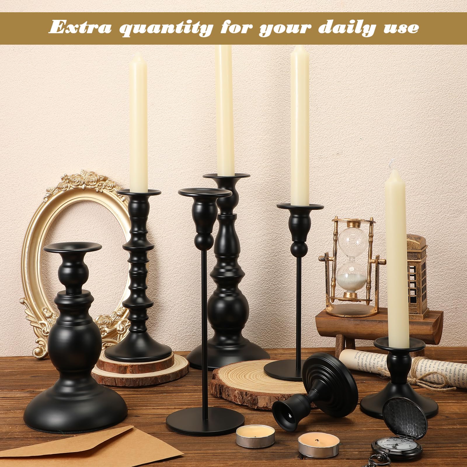 Nuogo 24 Pieces Black Candlestick Holders Metal Tapered Candle Holders Set Antique Taper Candlestick Holders Mixed Candle Stick Holder Decor for Wedding Home Dinning Birthday Party Table