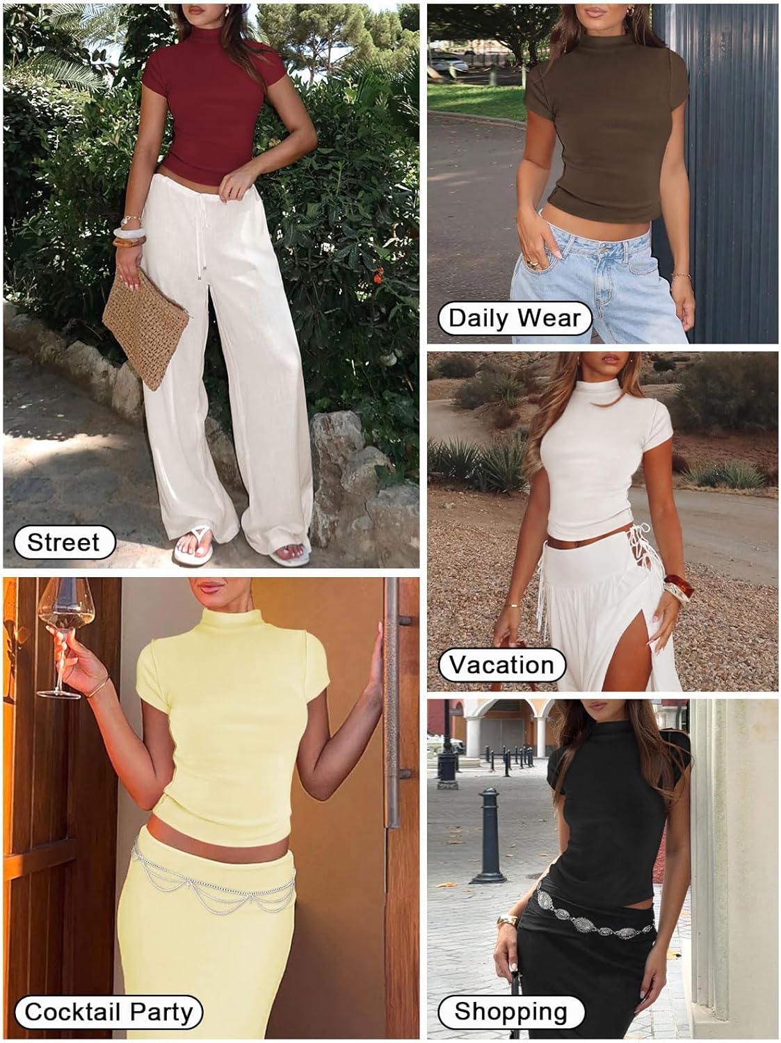 Womens Cap Sleeve T Shirts Mock Neck Tops for Women Y2k Knit Slim Fit Tee Casual Basic Crop Going Out Top - Image 6