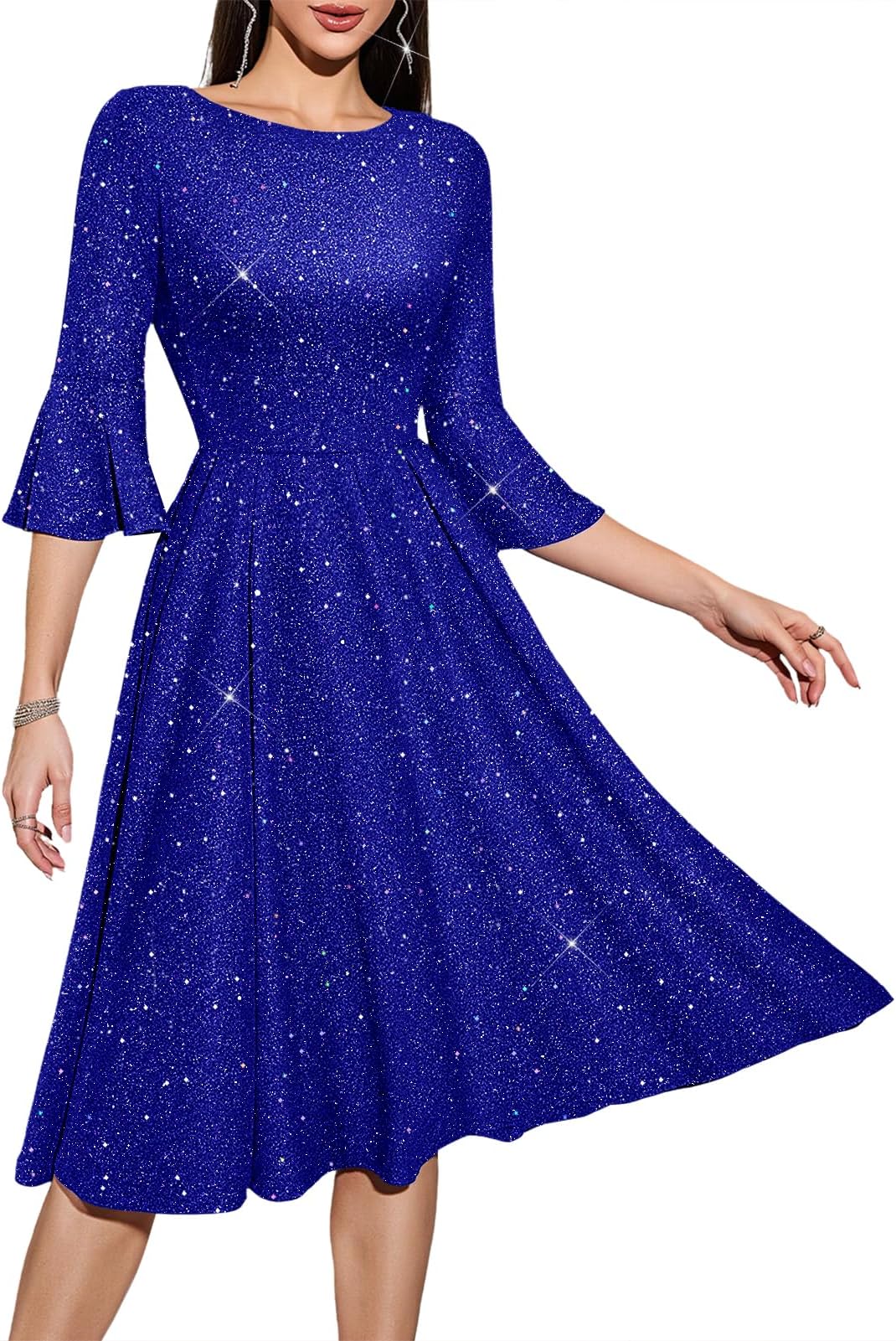 HomRain Women's Elegant Bell Sleeve Cocktail Party Dresses for Wedding Guest Fit and Flare Church Midi Evening Dress