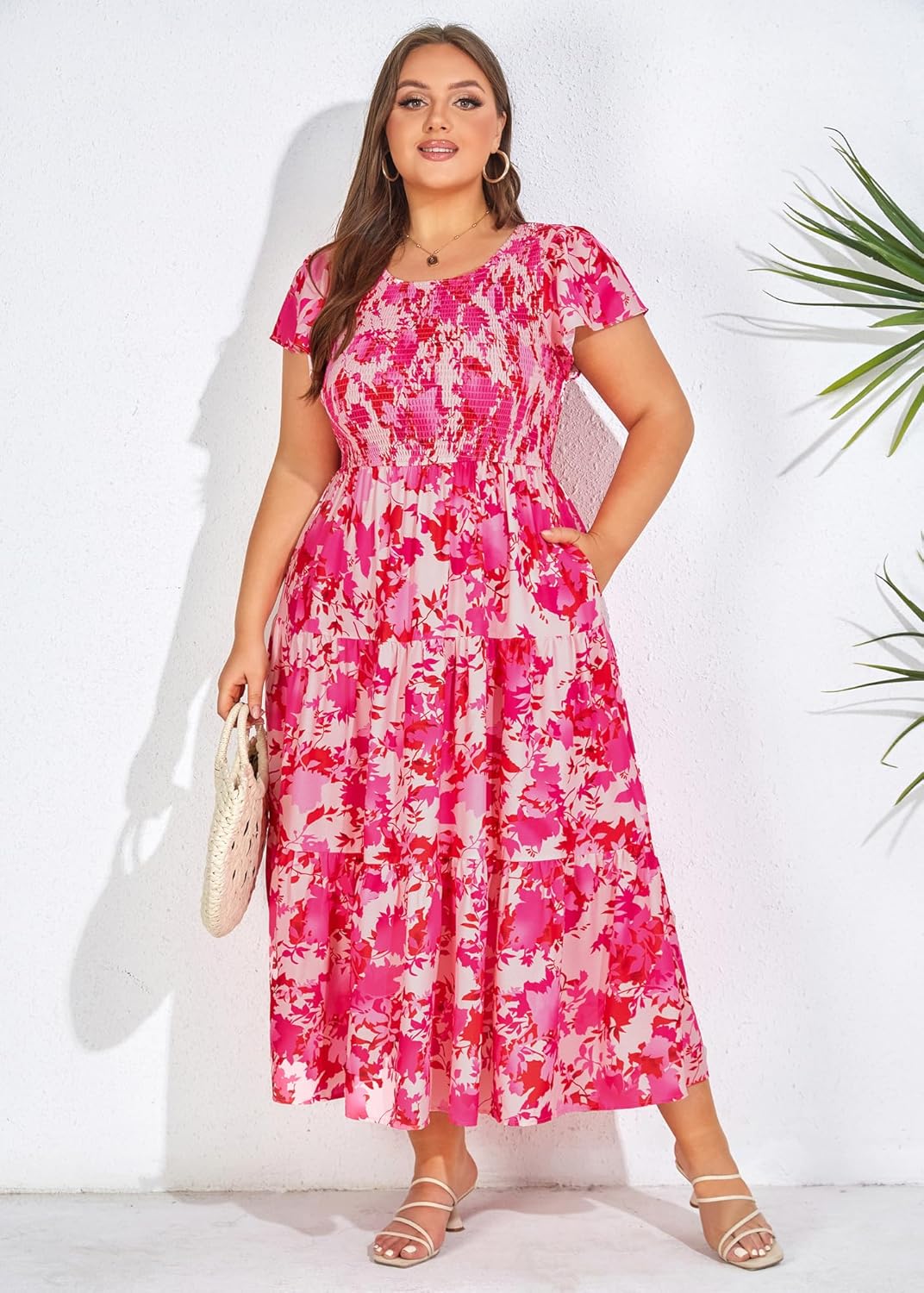 KIMCURVY Women's Plus Size Summer Casual Dress Crew Neck Flutter Short Sleeve Smocked Tiered Maxi Dress with Pockets - Image 8