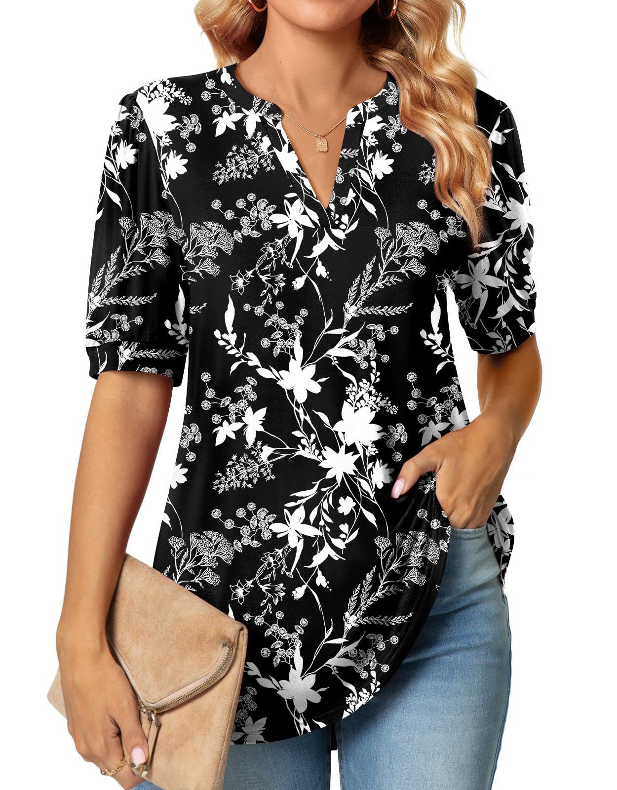 Anyally Womens Summer/Spring Puff Short Sleeve Tops Dressy Casual V-Neck T-Shirts Cute Blouse for Work