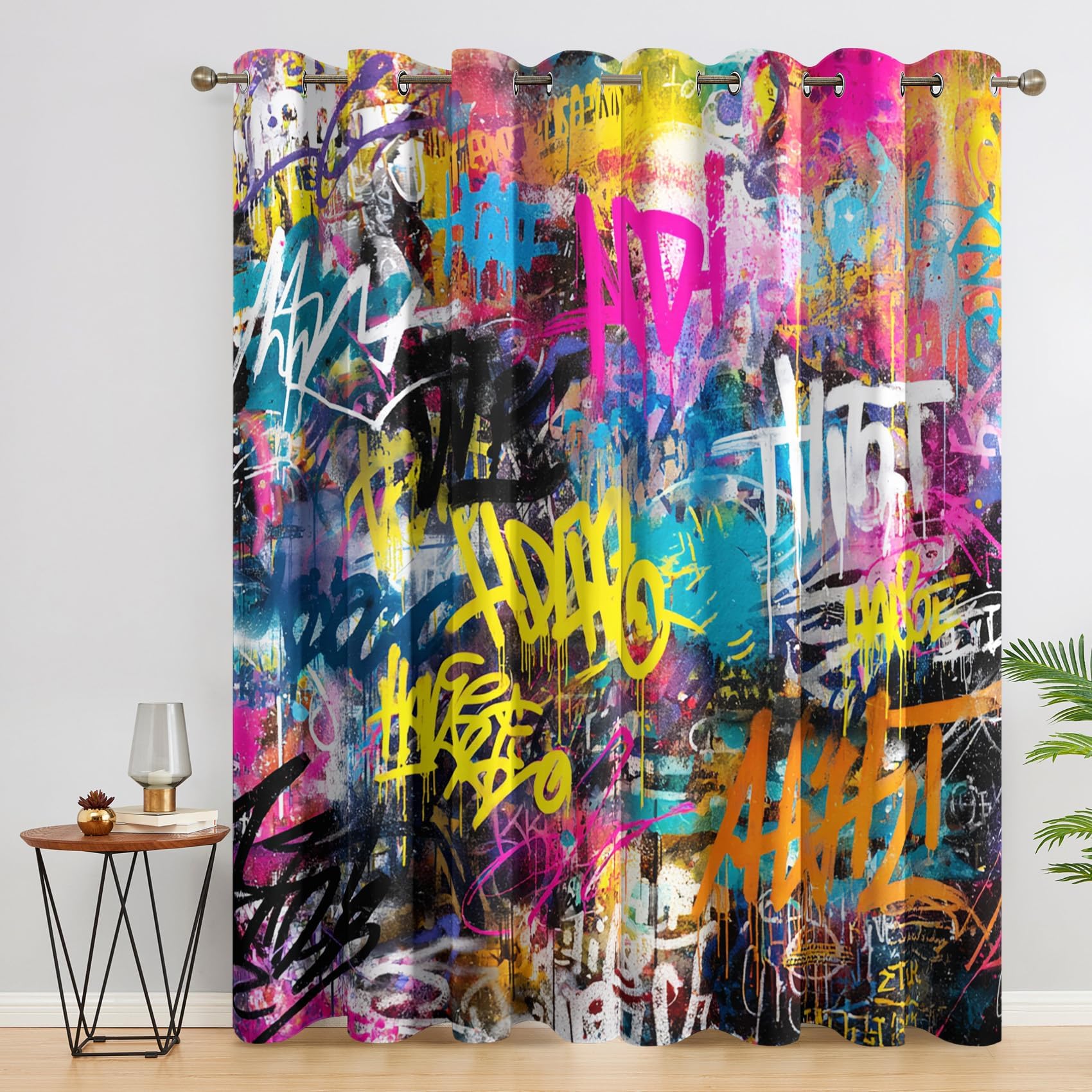 Cortinas con Estampado de Graffiti Colorido para Dormitorio, 243 x 250 cm (AnxAL), Estilo Hippie, Hip Hop, Arte Callejero, Opacas, para Sala de Estar, con Aislamiento térmico, 2 Paneles.