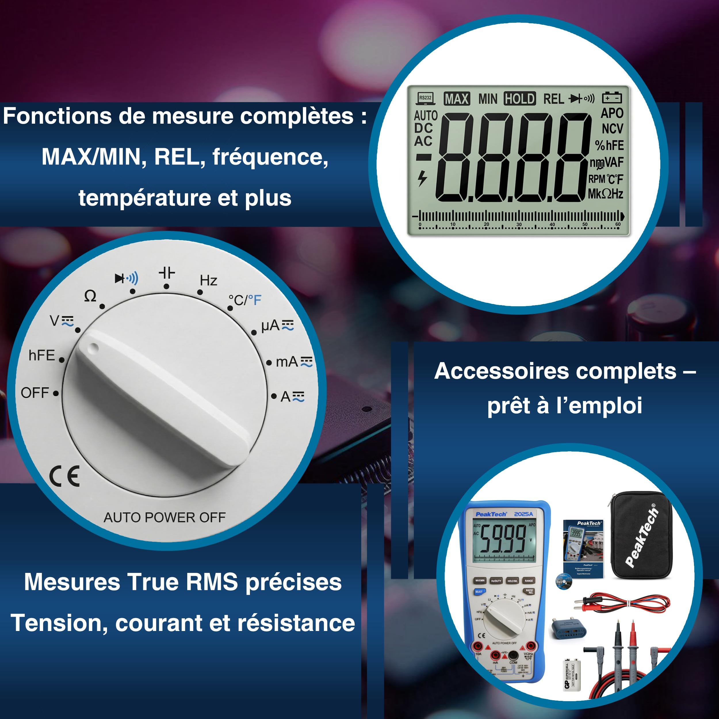PeakTech® 2025 A Multimètre numérique True RMS ~ 6.000 points ~ 1000V AC/DC ~ 10A AC/DC ~ Auto-Range