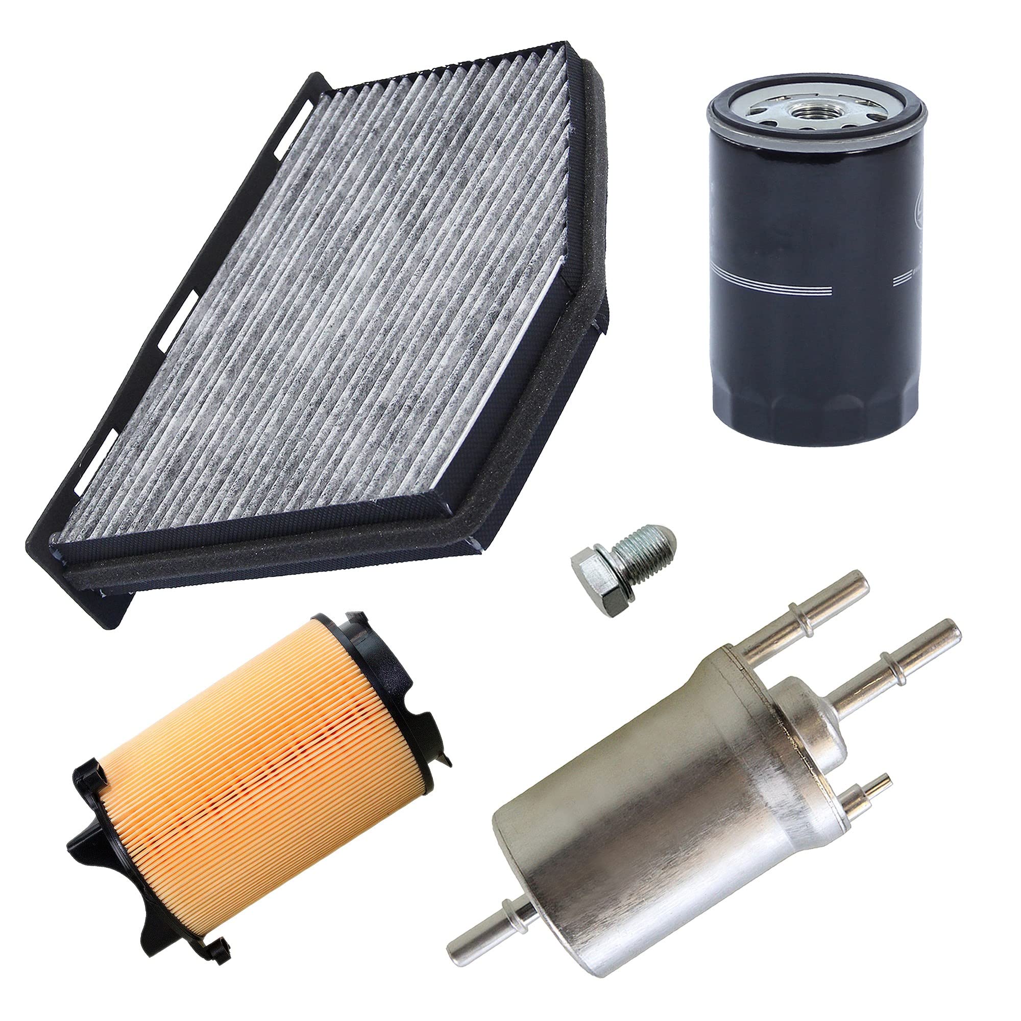 BESTPRICE Paquete de inspección juego de filtros con 1x filtro de aceite, 1x filtro de aire,1x filtro de habitáculo (carbón activado), 1x filtro de combustible, 1x tapón de drenaje de aceite con junta