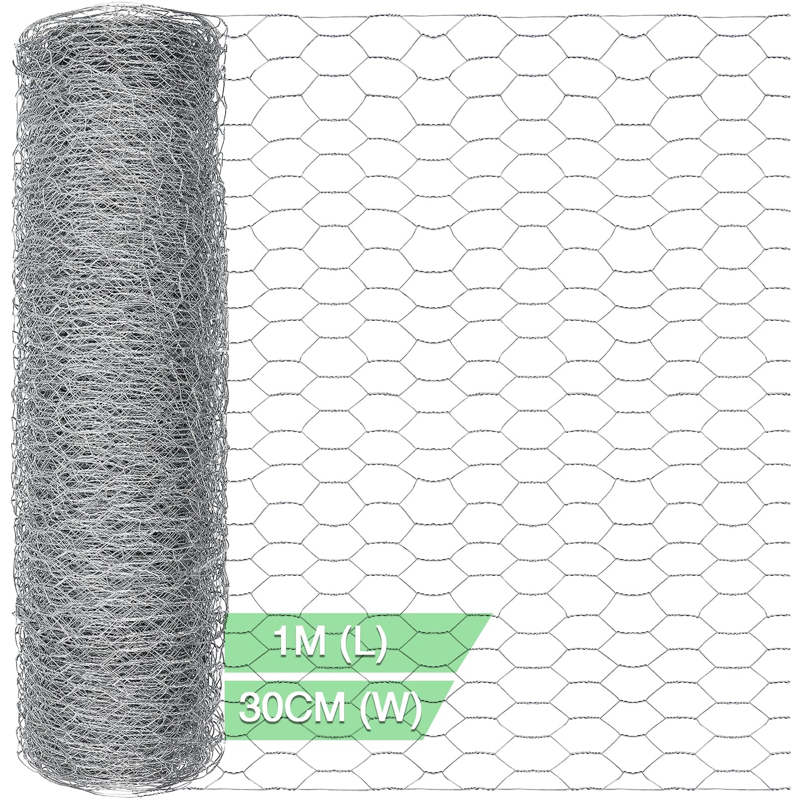 Yeepeo Chicken Wire Mesh Roll, Galvanised Hexagonal Chicken Wire Fencing, 30cm × 1m, 15×25mm Holes, 0.5mm Wire, Garden Animal Enclosure DIY Craft