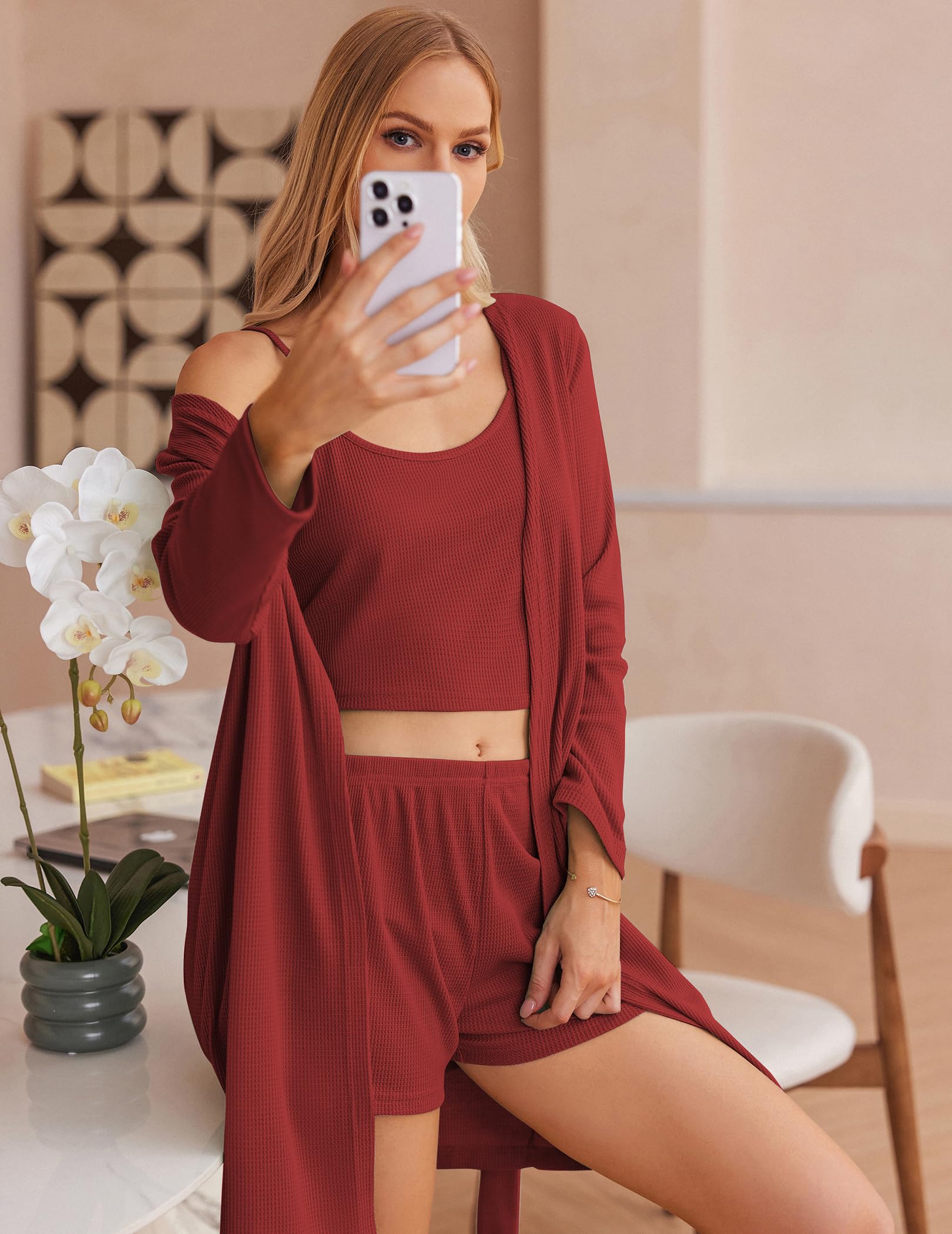 Ekouaer Pajamas for Women Set 3 Piece Lounge Set Soft Pajama Sets Waffle Knit Tank Top and Shorts Cardigan with Pockets S-XXL: XX-Large Wine Red