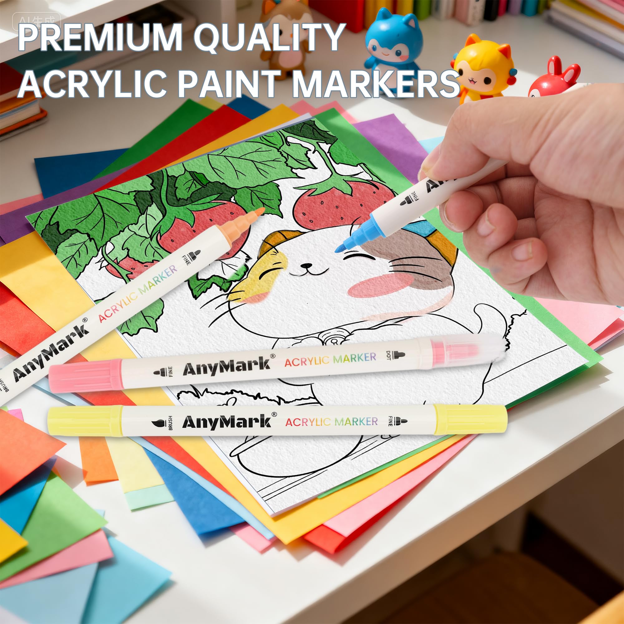 AnyMark 48 Colori Pennarelli Acrilici, Doppia Punta Dot e Fine, Marker Acrilici per Pietra, Legno, Vetro, Calligrafia, Pittura su Roccia e Fai-da-te