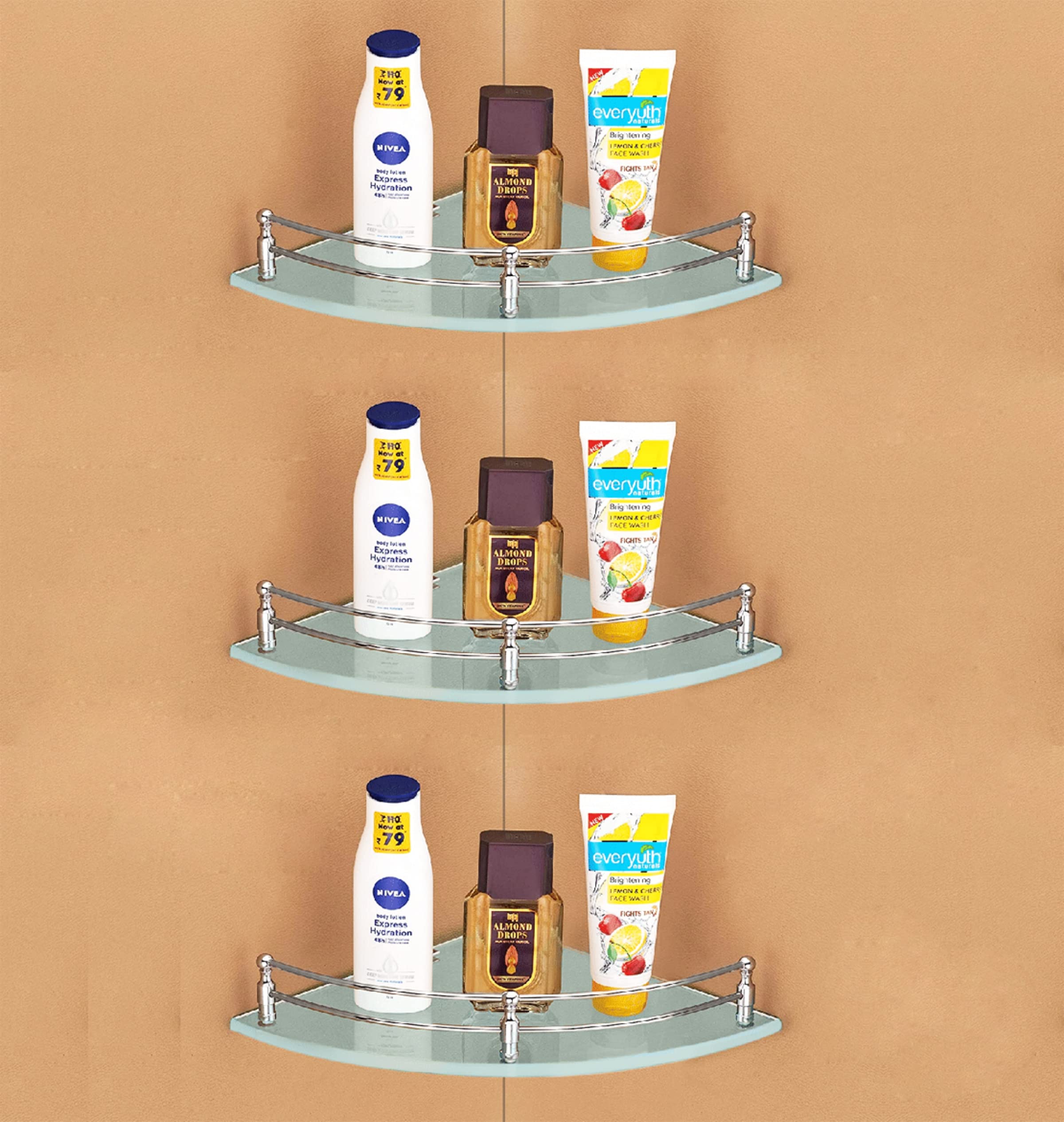 - Evolite® Premium Tempered Glass Diamond Corner and Rectangle Shelf for |Bathroom | Living Room | Bedroom | Kitchen Shelves Racks & Wall Mount Heavy Duty All Accessories(ETGS-C9x9 inch Pack of 3)