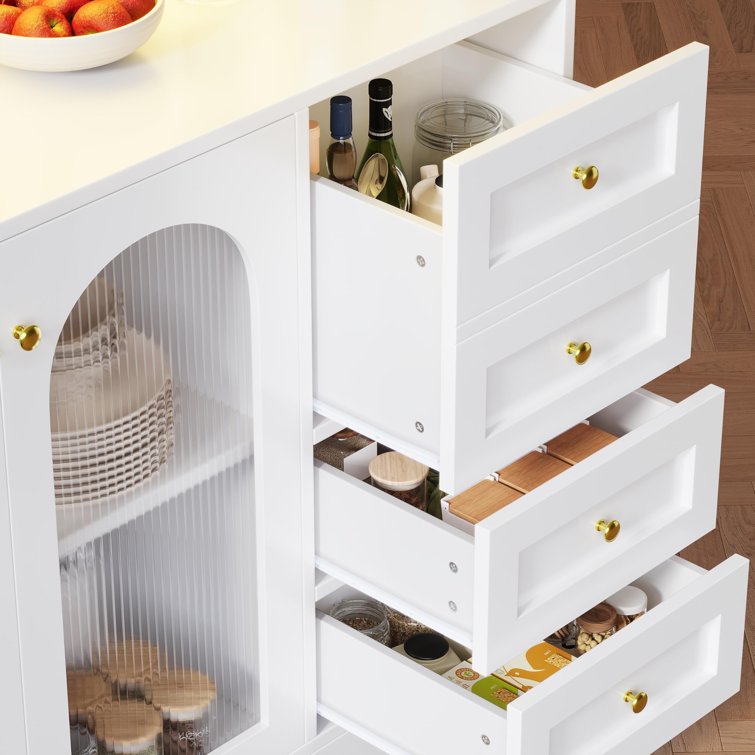 Seitenboard/Aufbewahrungsschrank/Küchenschrank/Buffetschrank, 120x40x188cm, 4 Türen, mit LED-Lichtleiste & Getränkehaltern, Weiß