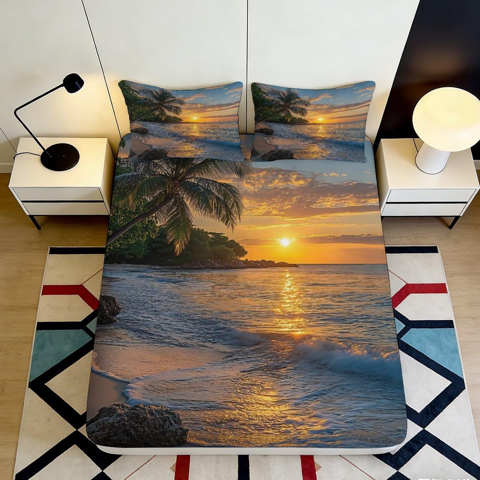 3D Printed Sunset Beach Fitted Sheet Microfiber Deep Pocket Full Wrap Bedroom Bedding Seascape Mattress Fitted Cover Washable 140x200x25cm
