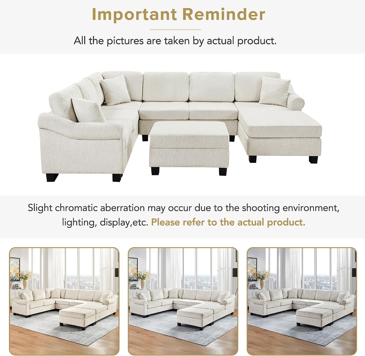 P PURLOVE Sectional Sofa, Velvet Large Sectional Sofa with Right Side Chaise, Wide Chaise Lounge Couch with Ottoman for Living Room (White)