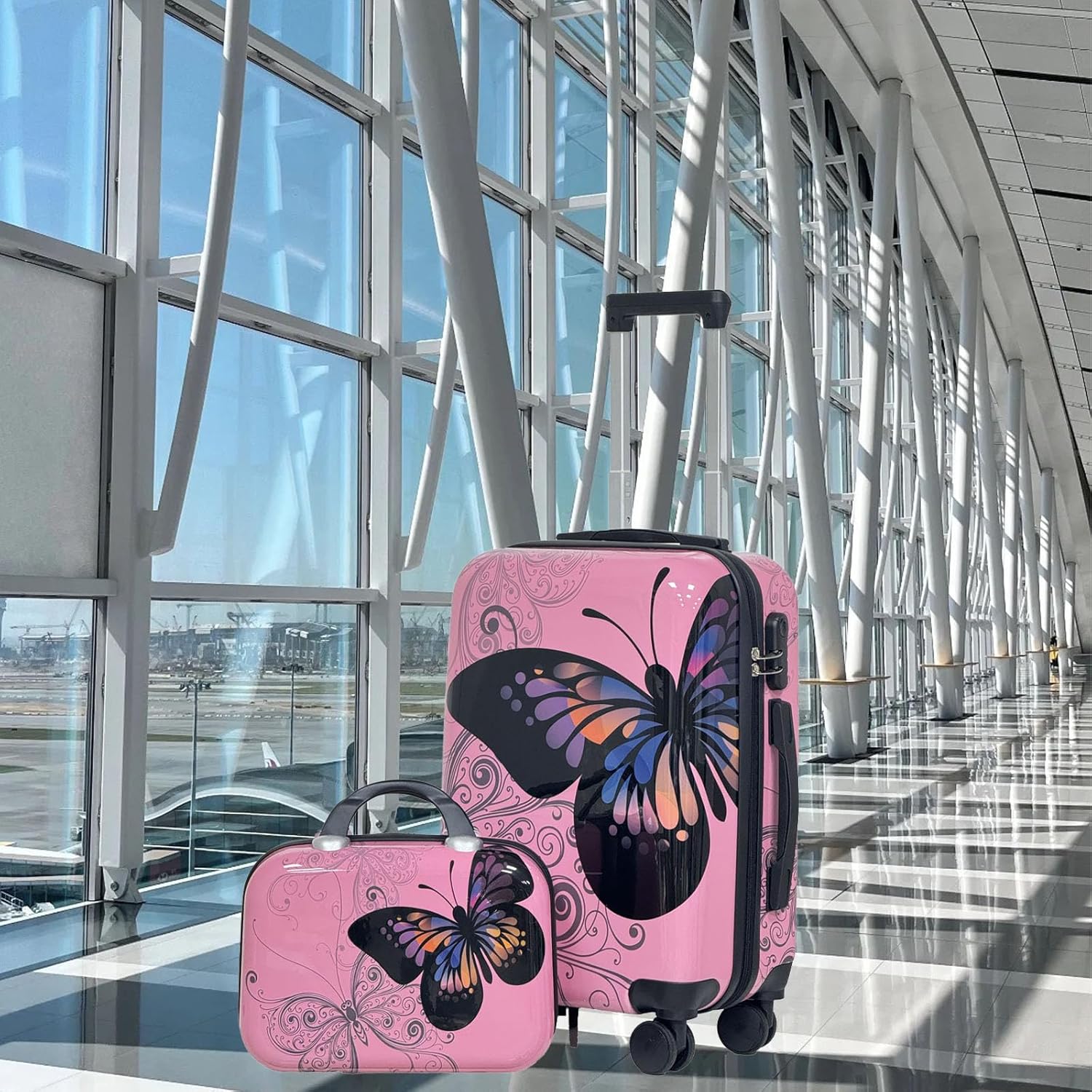 2-Piece Pink Butterfly Print Luggage Set (20" Carry-On + 14" Handbag), Hard Shell ABS+PC Suitcase with 360° Spinner Wheels & Combination Lock (Pink)