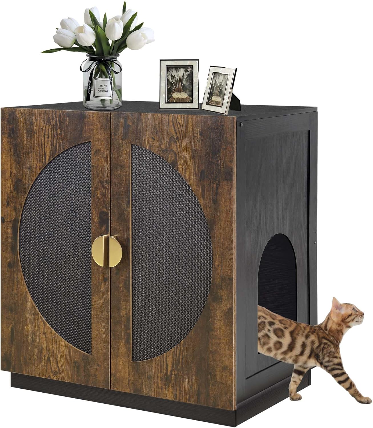 unipaws Tall Cat Litter Box Enclosure with Shelves, Hidden Litter Box Cover for Tall or Top Entry Litter Box, Kitty Enclosed Litter Box Cabinet, Cat Box Furniture, Rustic Rustic Extra Tall