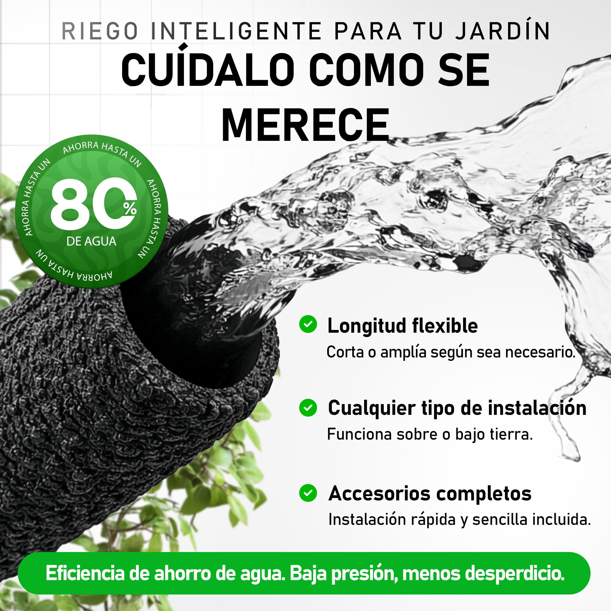 Manguera de riego Exudante Porosa 50 m | Riego por Goteo Uniforme con Ahorro de agua | Ideal para Jardín, Huerto y Setos | Incluye Kit de Conectores