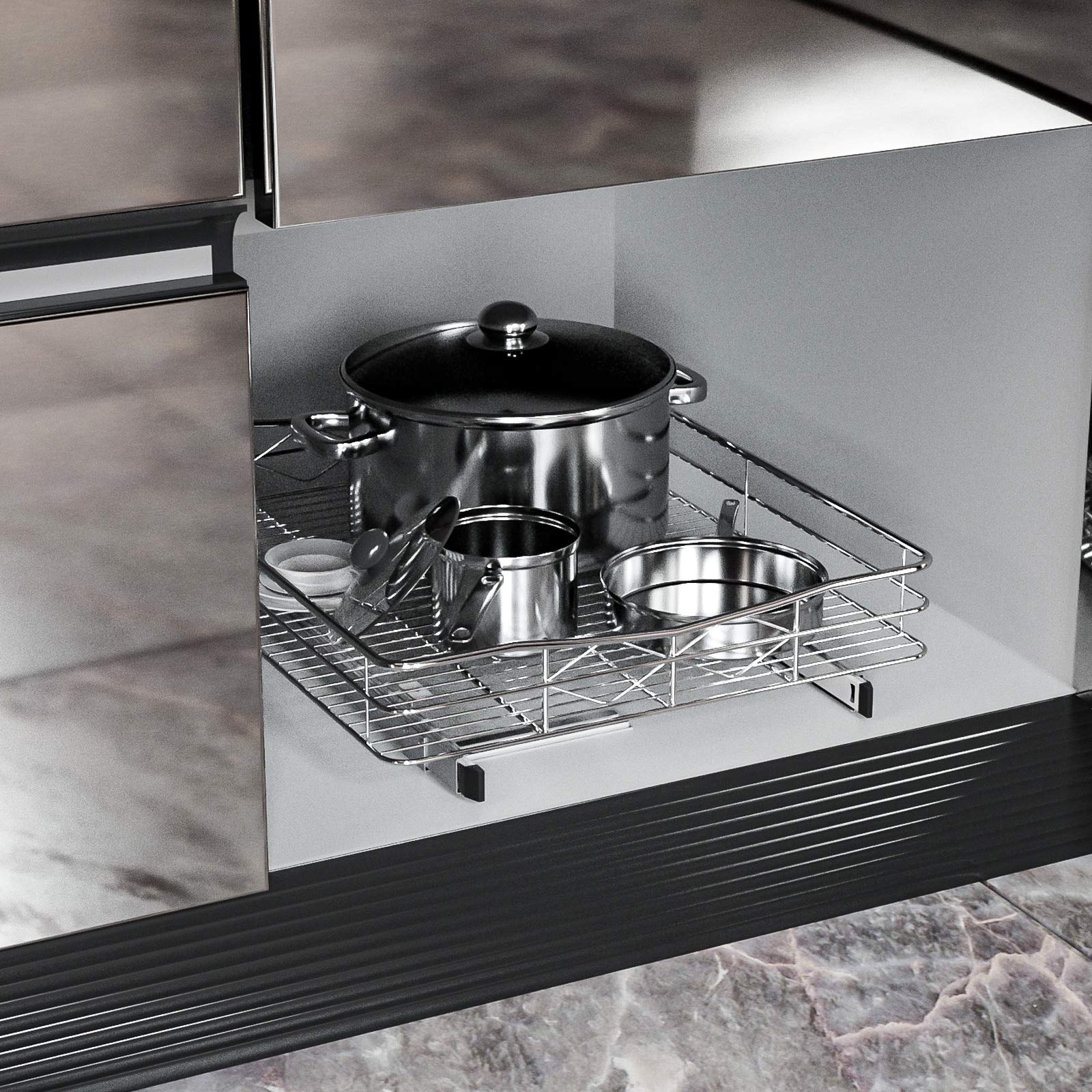 IZLIF Multi-Use Pull Out Drawer Cabinet Organizer Heavy Duty Slide Out Kitchen Cabinet Storage Shelves 17”W x 21”D for At Least 18” Cabinet Opening, Wire Frame, Chrome Finish