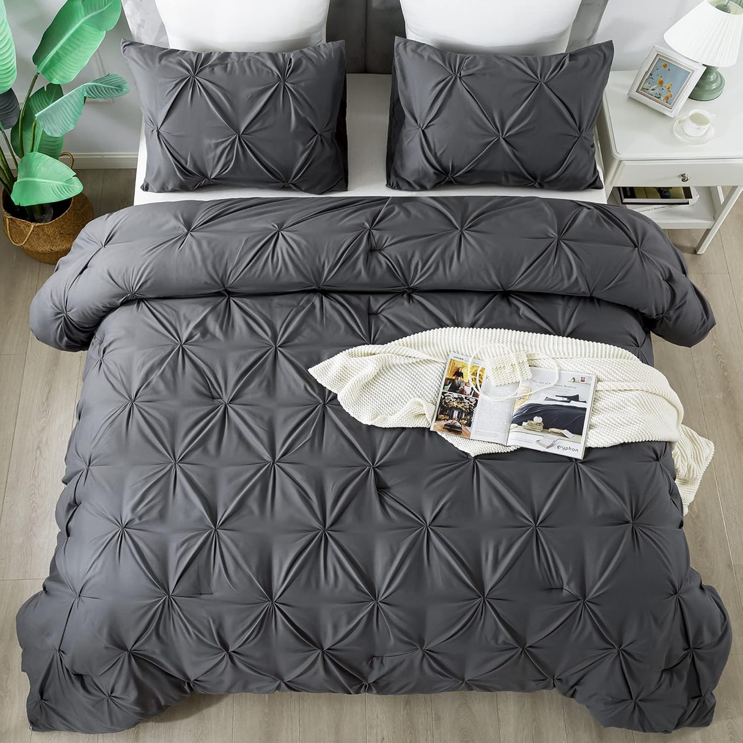 Andency Dark Gray Oversized King Comforter Set (120x98Inch), 3 Pieces Lightweight Pinch Pleat Cal King Bedding Comforters & Sets, Oversized Pintuck Soft Fluffy Down Alternative Bed Set for All Season