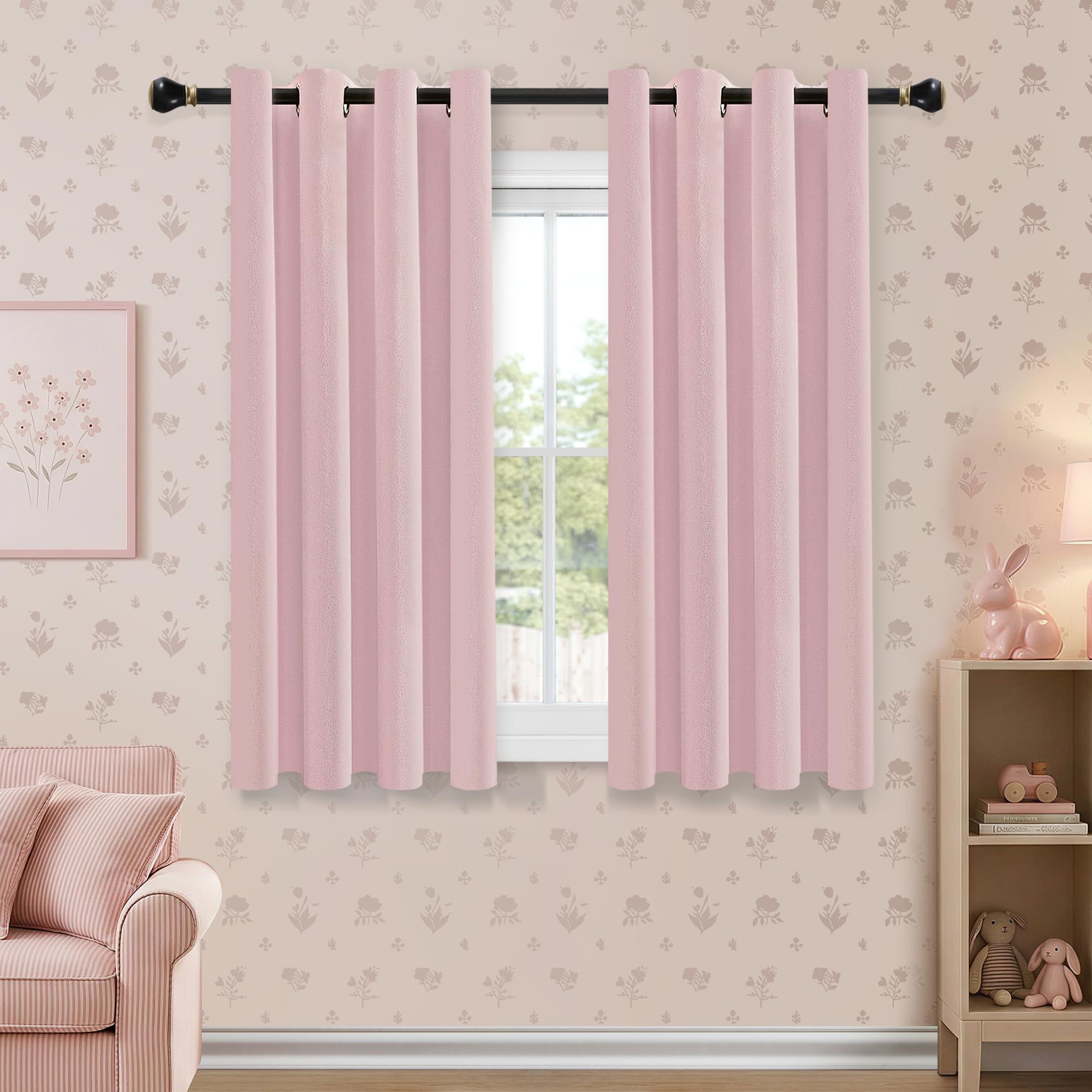 Pink Blackout Curtains 63 Inch Drop, Sun Blocking Energy Saving Eyelet Curtains for Living Room Linen Textured Thermal Insulated Window Treatments for Girls Kids Bedroom, One Pair, Pink, 52"W x 63"L