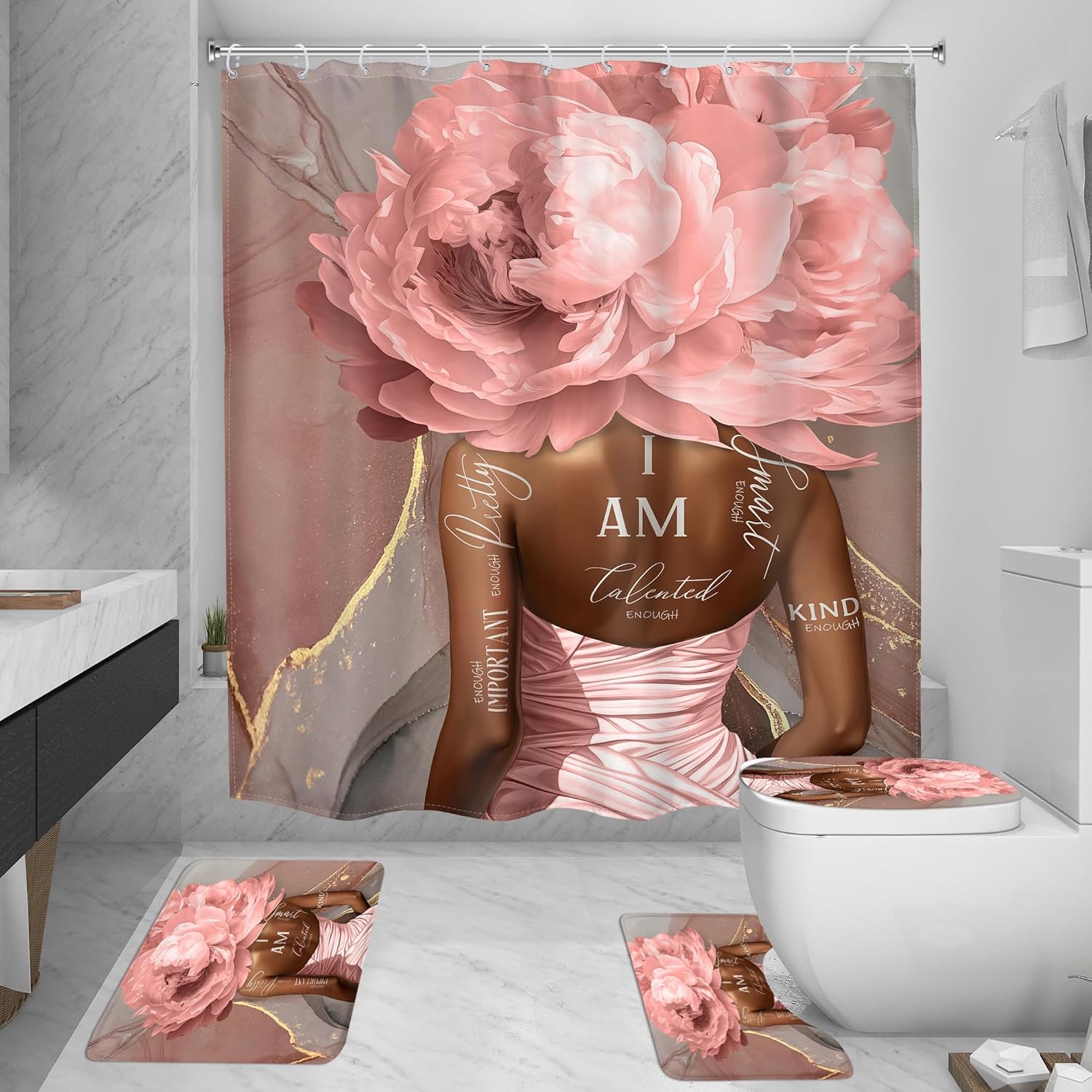 MESHELLY Pink Black Girl 4Pcs Shower Curtain Sets Abstract Marble African American Floral Flower Bathroom Set Decor with Rug, Toilet Lid Cover, Bath Mat, Positive Quotes Bathroom Curtain with 12 Hooks