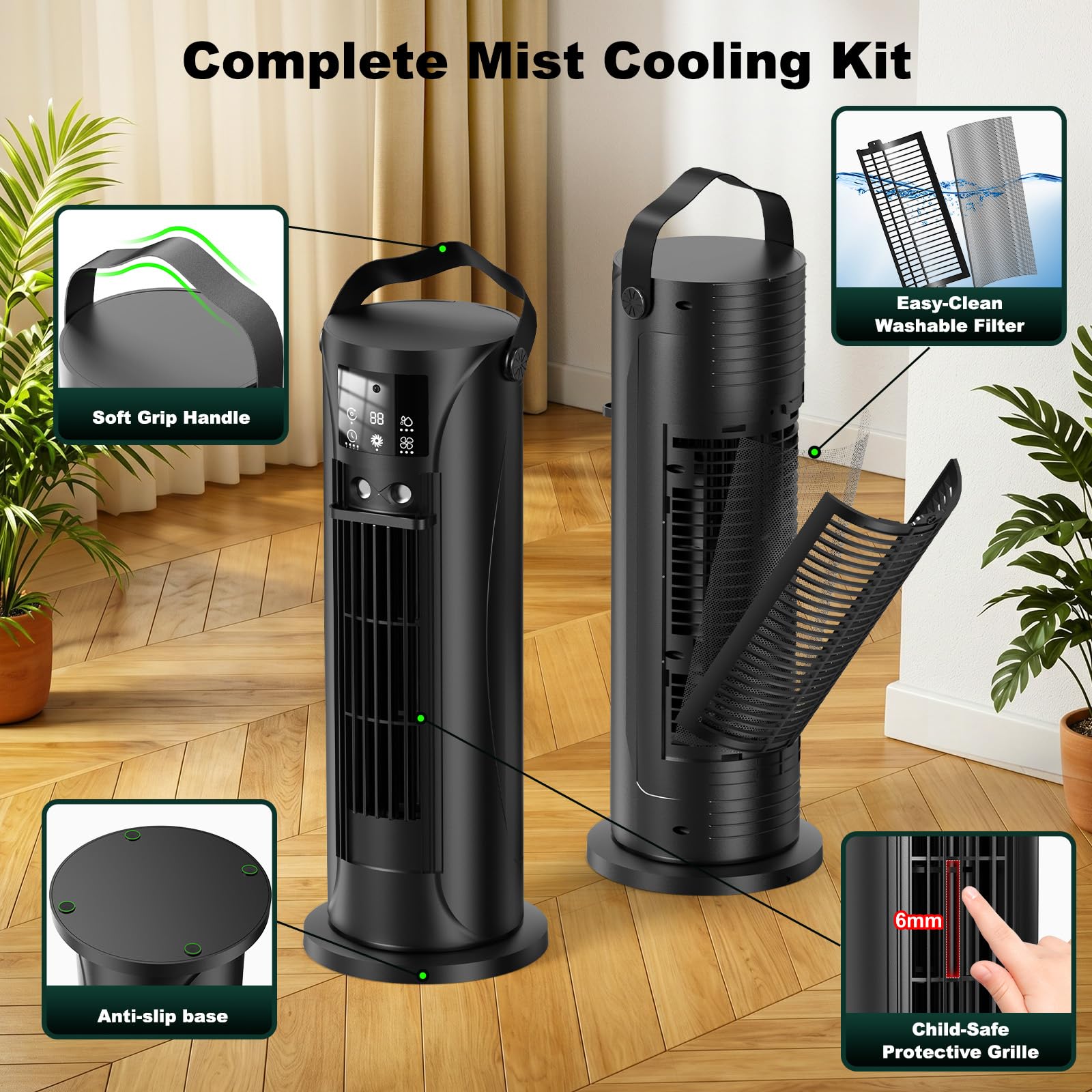 Climatiseur Mobile 4 en 1 Silencieux 28dB, Rafraîchisseur d’Air Mode Tempête, Oscillation 120°, 4 Vitesses Vent Naturel 3D Sommeil, 2 Brumisations, Minuterie 8H pour Chambre Bureau（Noir）