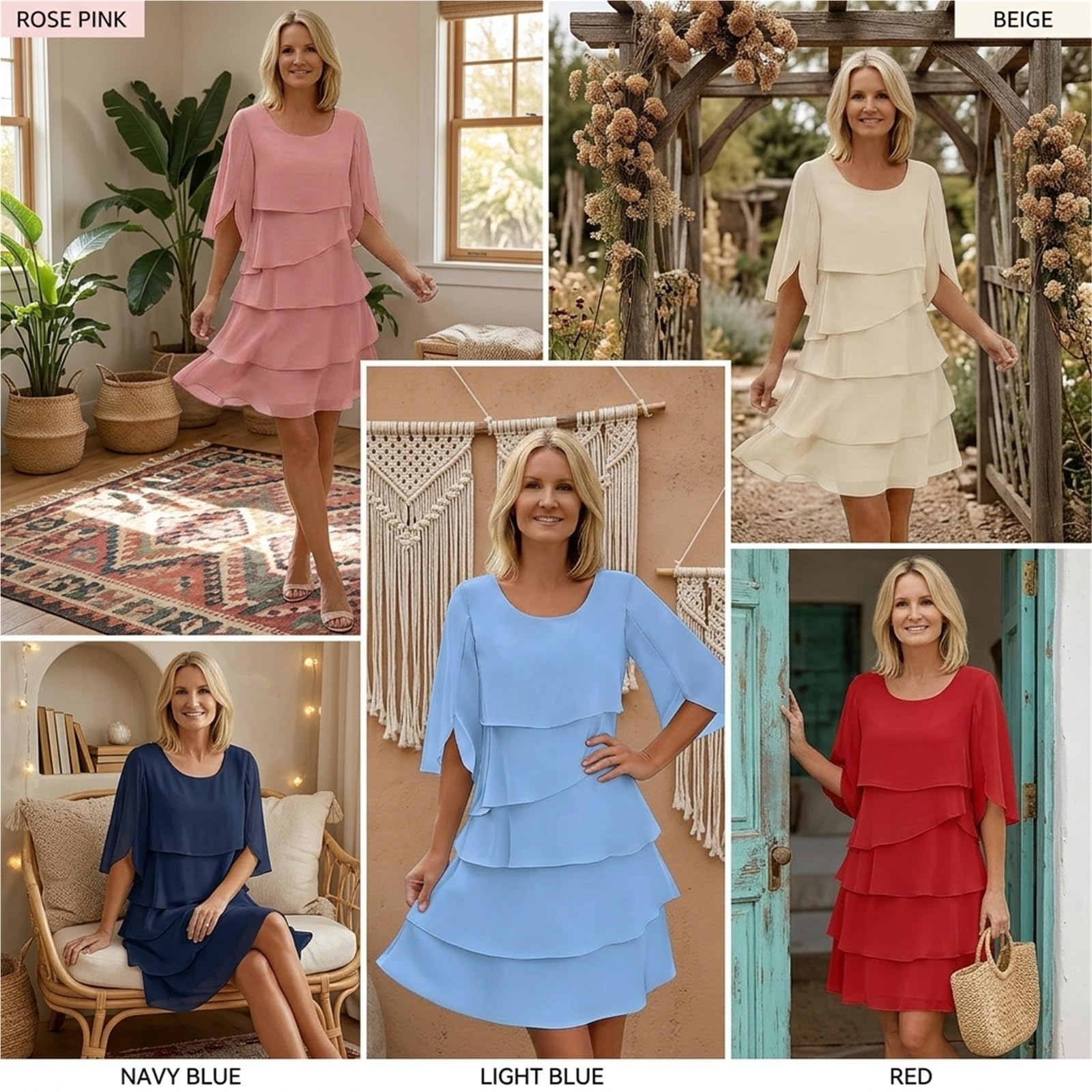 Abito in Chiffon Donna Elegante Midi con Volant, Vestito a Strati Manica a Campana 3/4, Abito Fluido per Invitata a Matrimonio Cocktail Cerimonia e Feste
