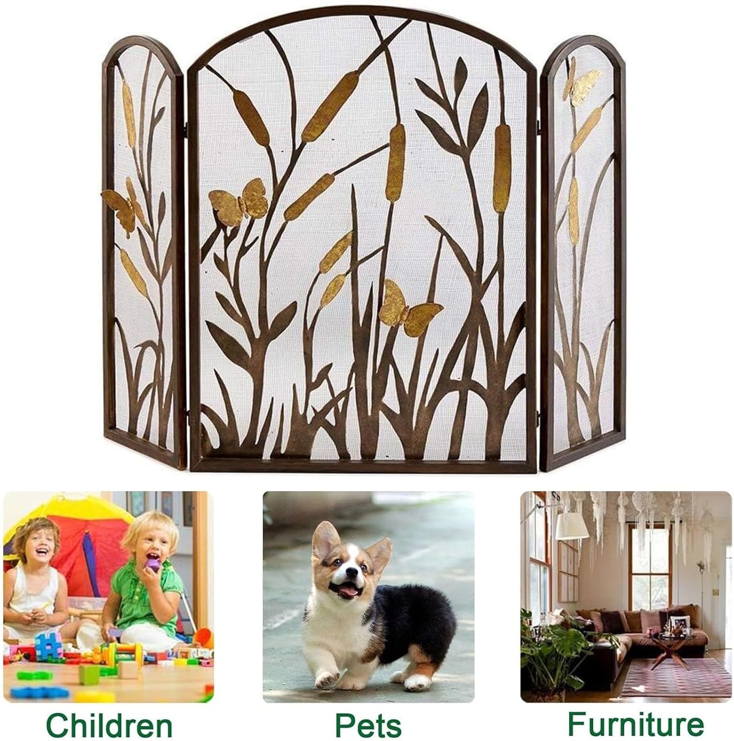 JKGHK Fireplace Screen 3-Panel Safety with Mesh Cover, Foldable Decorative Fire Spark Guard, Metal Spark Guard, Arched Baby Safe Fireplace Fence, for Indoor Decor