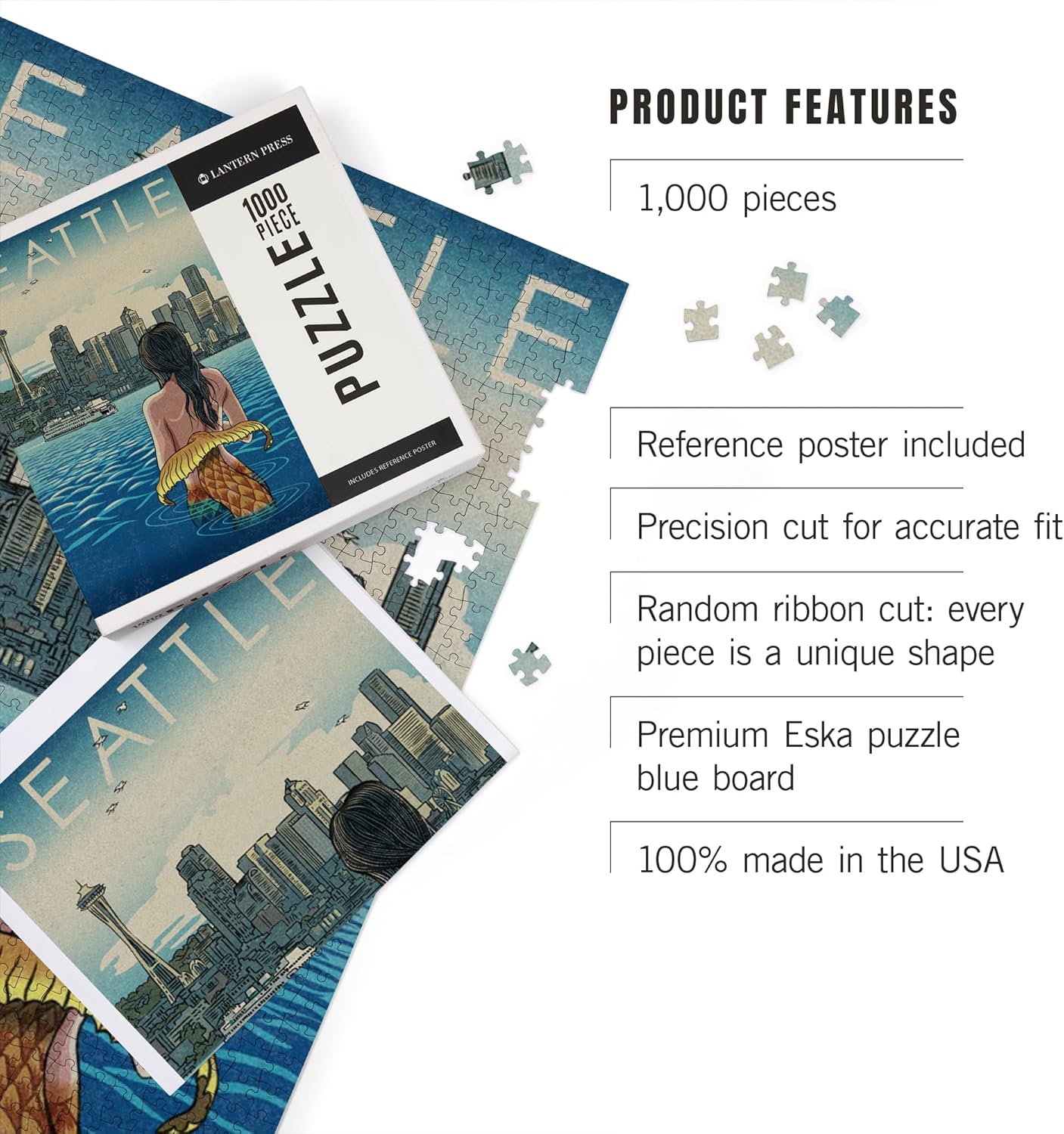 Lantern Press Seattle, Washington, Mermaid 1000 Piece Jigsaw Puzzle for Adults, Made in USA with Reference Poster