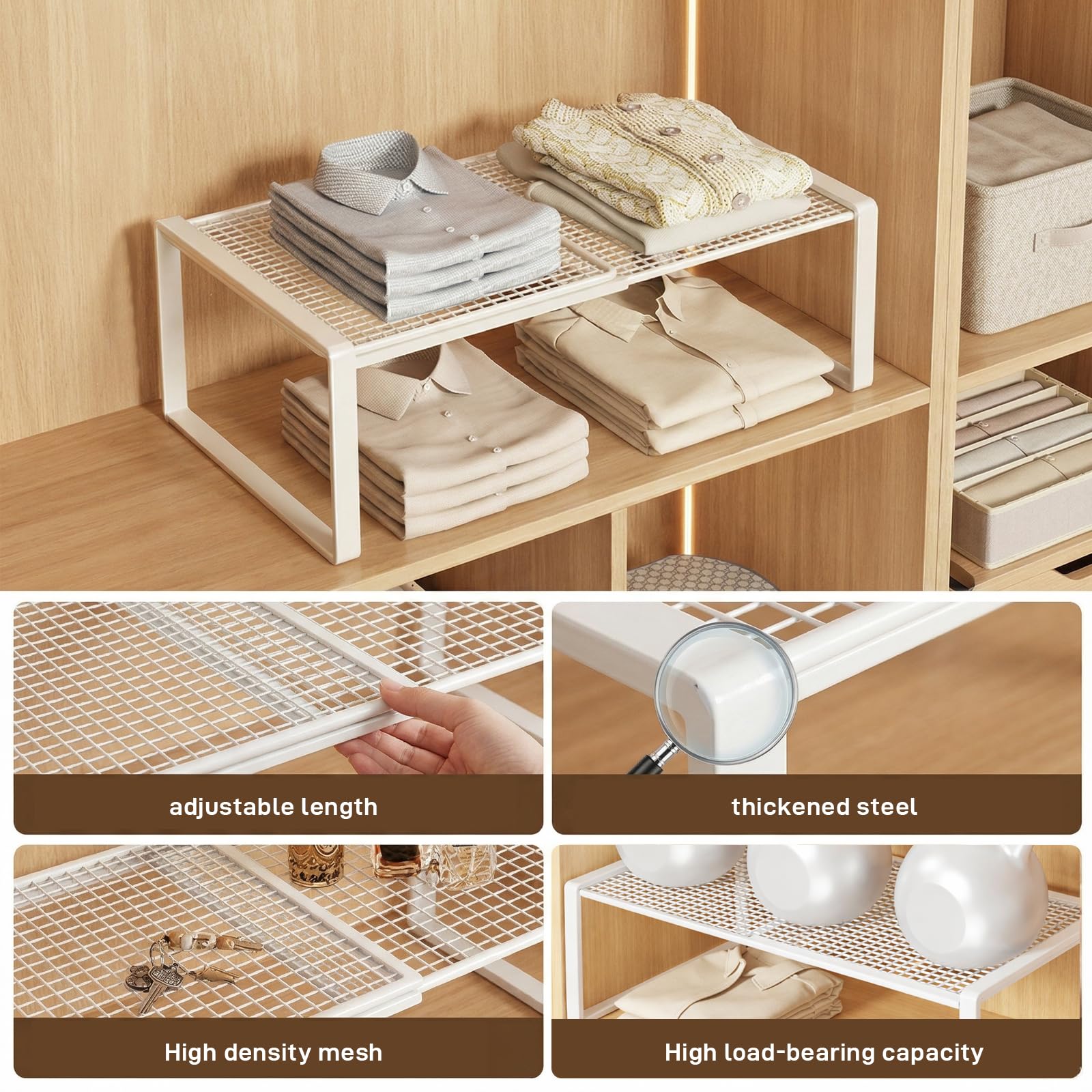 Verstellbare Regale für Schrank, Erweiterbares Einlegeböden Schrankregal, Einlegeböden für Schränke, Kleiderschrank, Schrank, Küche, Badezimmer, 27cm Weit, 31 cm groß, Verstellbare Länge 27-38cm(Weiß)