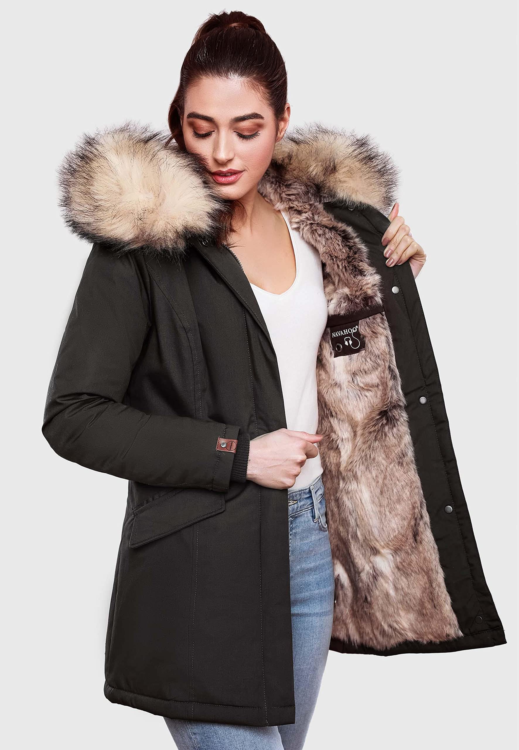Navahoo Abrigo corto de invierno para mujer con capucha Cristal XS-XXL